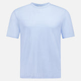 The OFFICINE GÉNÉRALE Garment Dyed Linen Short Sleeve T-shirt in light blue, shown on a white background, is a breathable summer essential that combines effortless style with comfort.
