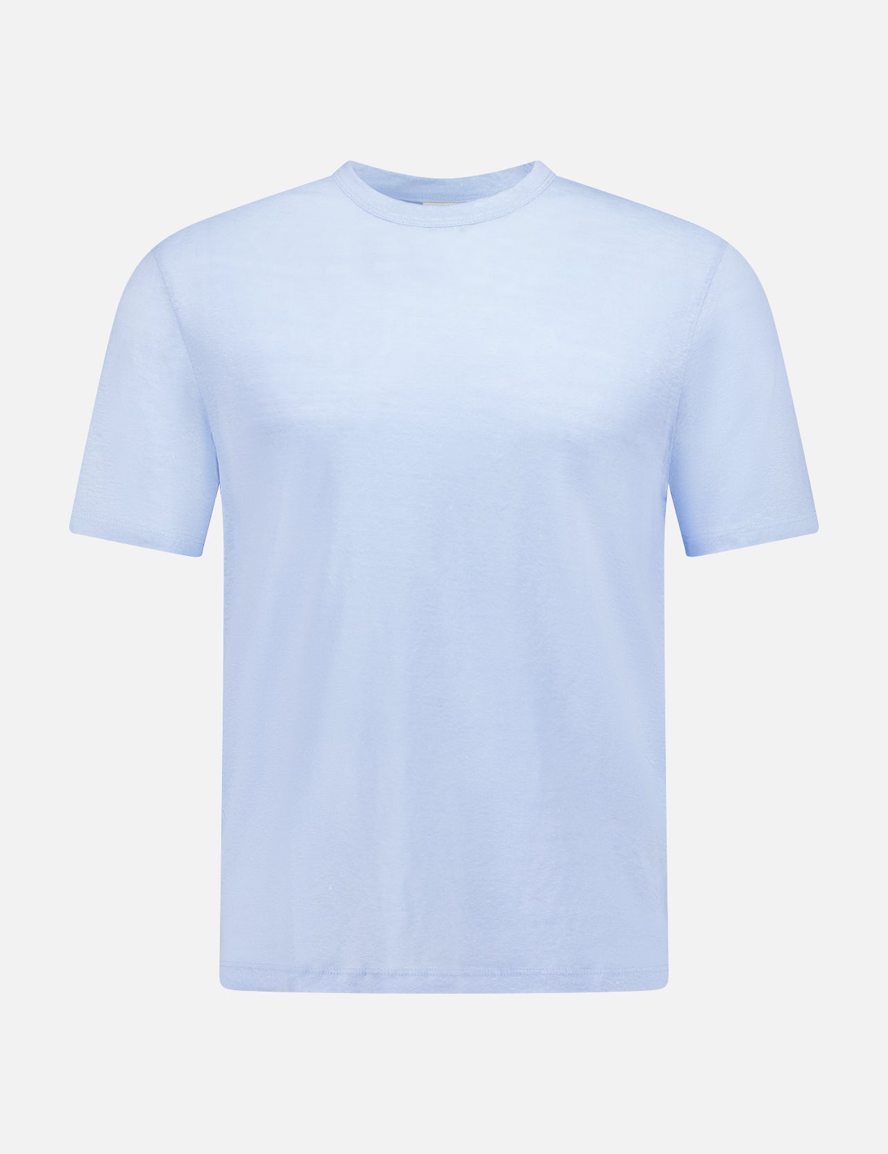 The OFFICINE GÉNÉRALE Garment Dyed Linen Short Sleeve T-shirt in light blue, shown on a white background, is a breathable summer essential that combines effortless style with comfort.
