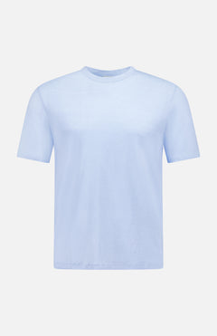 The OFFICINE GÉNÉRALE Garment Dyed Linen Short Sleeve T-shirt in light blue, shown on a white background, is a breathable summer essential that combines effortless style with comfort.