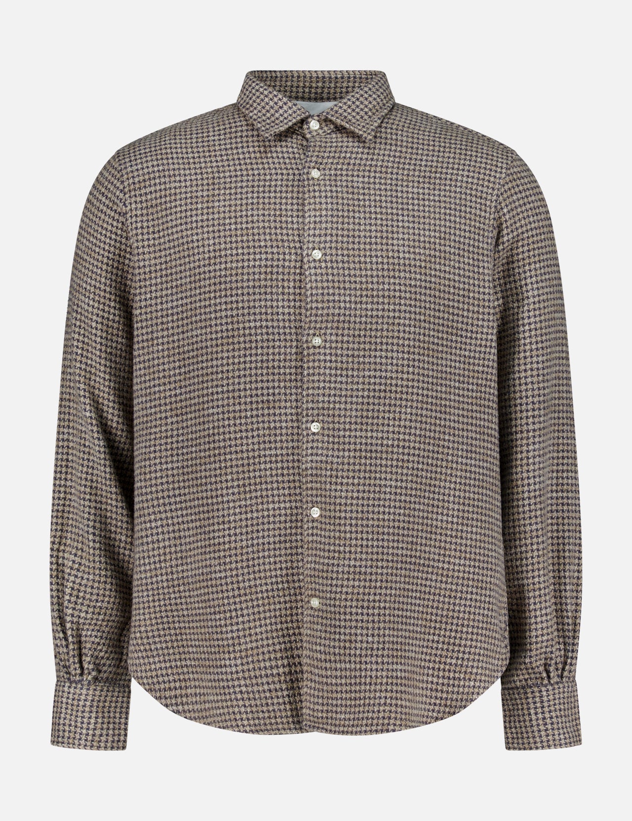 The Giacomo Soft Cotton Houndstooth Shirt by OFFICINE GÉNÉRALE features long sleeves, a button-up front, a pointed collar, and a rounded hem. Crafted from cotton with a subtle brown and beige houndstooth pattern, this shirt is presented against a plain white background. Pair this refined piece with coordinating trouser pants for a complete, polished look.