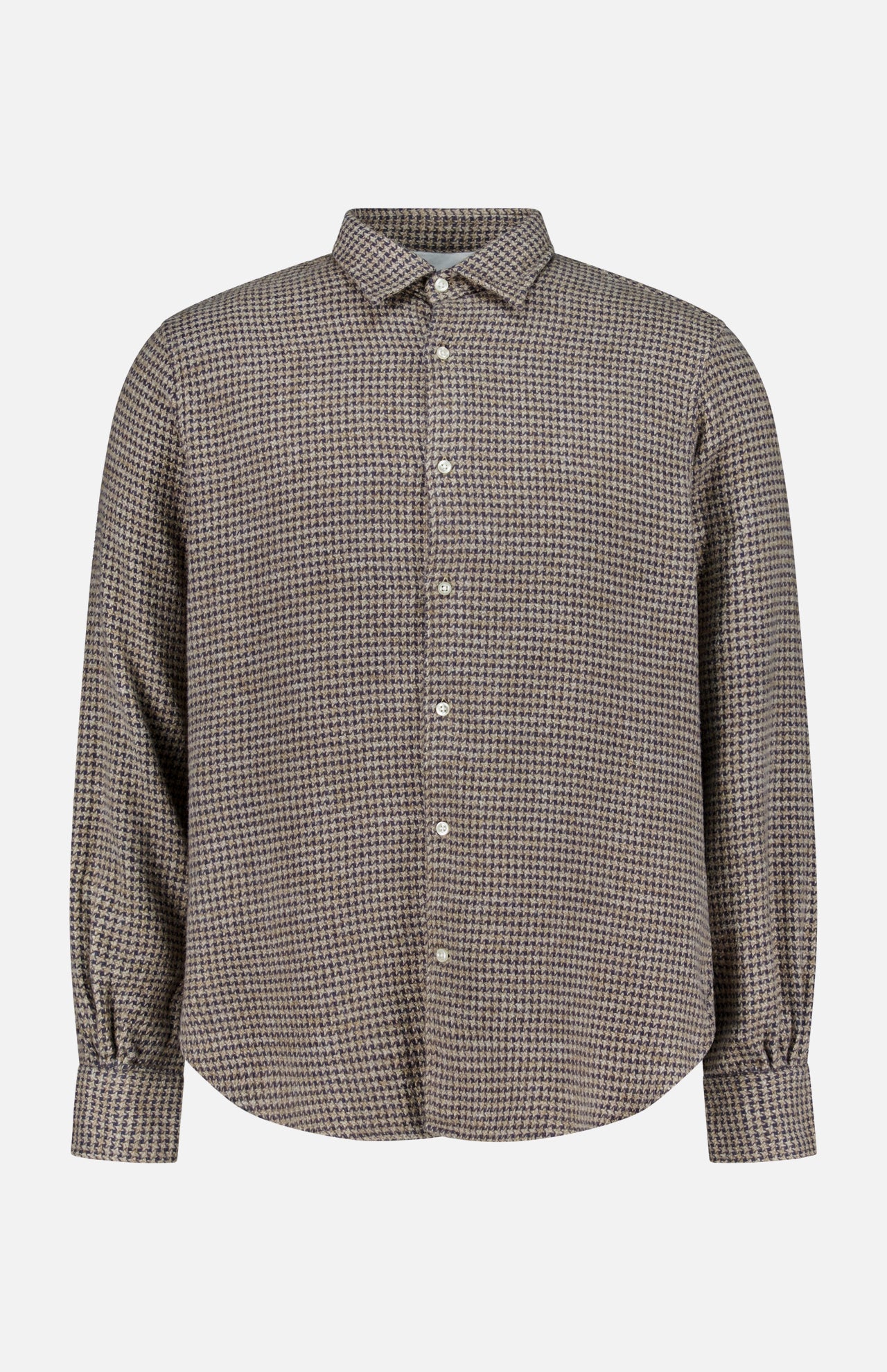 The Giacomo Soft Cotton Houndstooth Shirt by OFFICINE GÉNÉRALE features long sleeves, a button-up front, a pointed collar, and a rounded hem. Crafted from cotton with a subtle brown and beige houndstooth pattern, this shirt is presented against a plain white background. Pair this refined piece with coordinating trouser pants for a complete, polished look.