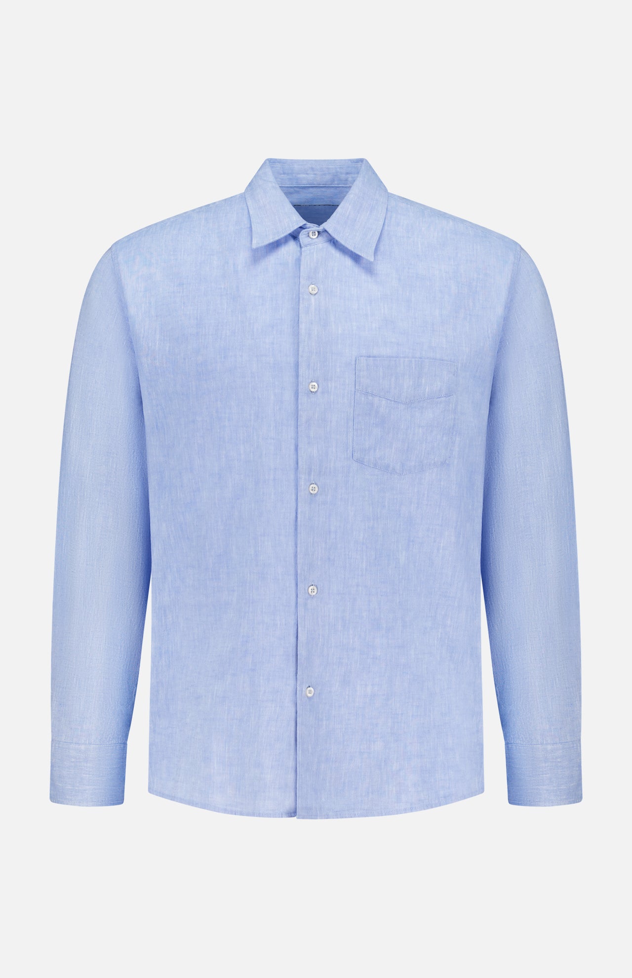 The OFFICINE GÉNÉRALE Guido Slub Cotton Shirt is a light blue, long-sleeve button-up with a chest pocket, classic collar, and white buttons, made from 100% cotton and shown on a plain white background.