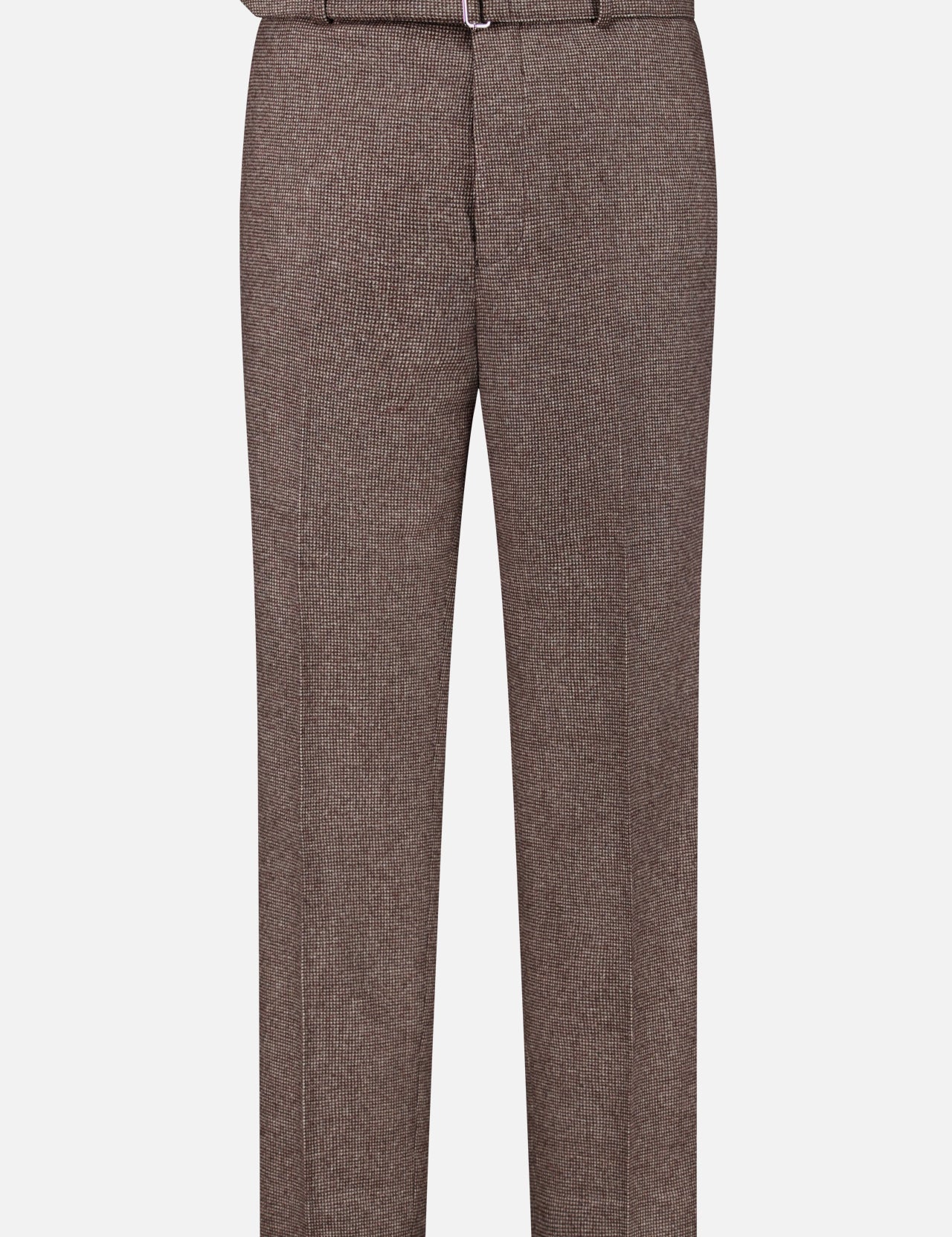 The Hoche Wool Trouser Pants by OFFICINE GÉNÉRALE showcase a light brown wool fabric with a subtle pinstripe, front crease, and belt loops, and include a removable belt made from matching material. These elegant trousers are displayed against a plain white background.
