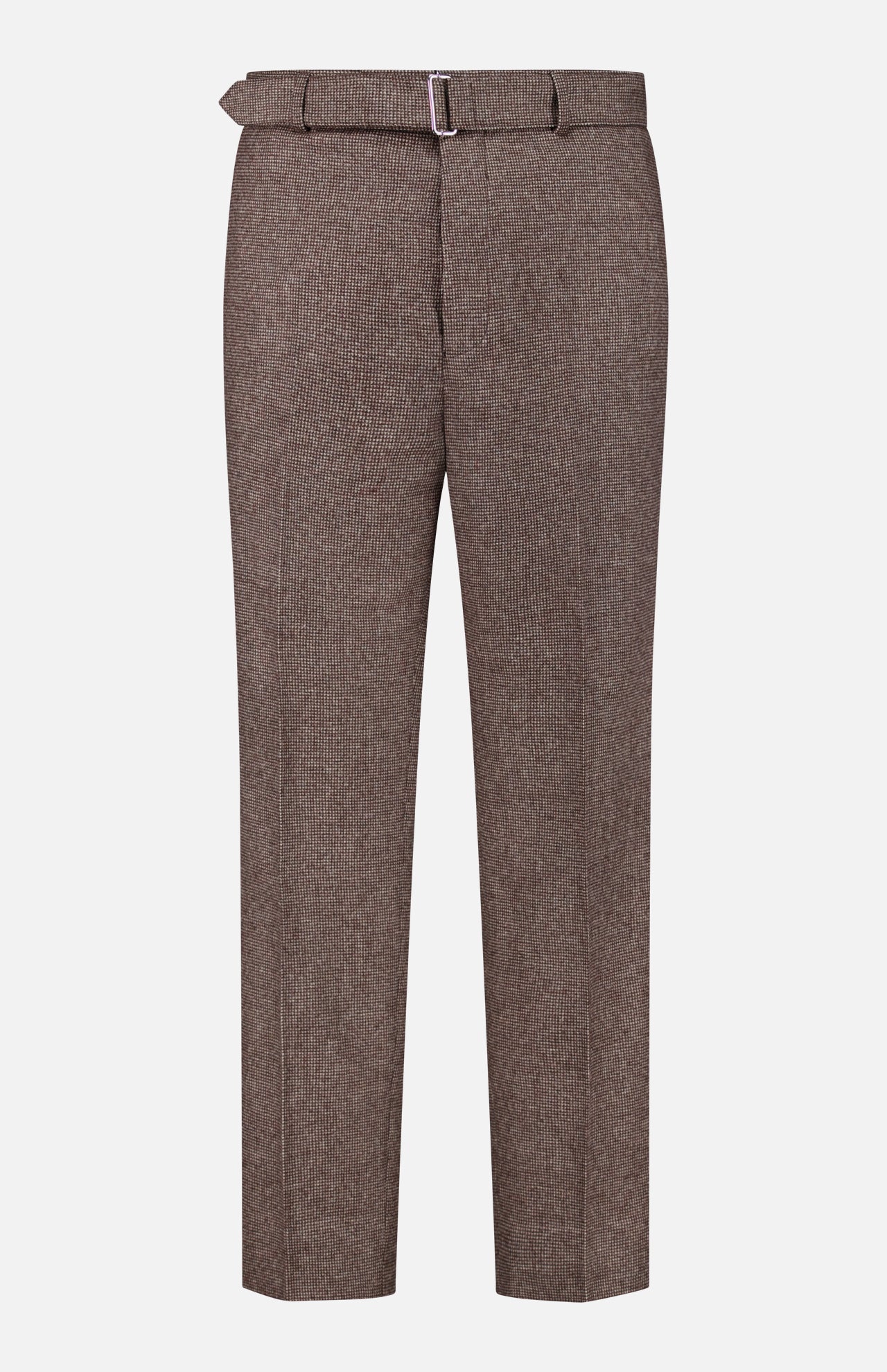 The Hoche Wool Trouser Pants by OFFICINE GÉNÉRALE showcase a light brown wool fabric with a subtle pinstripe, front crease, and belt loops, and include a removable belt made from matching material. These elegant trousers are displayed against a plain white background.