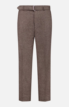 The Hoche Wool Trouser Pants by OFFICINE GÉNÉRALE showcase a light brown wool fabric with a subtle pinstripe, front crease, and belt loops, and include a removable belt made from matching material. These elegant trousers are displayed against a plain white background.