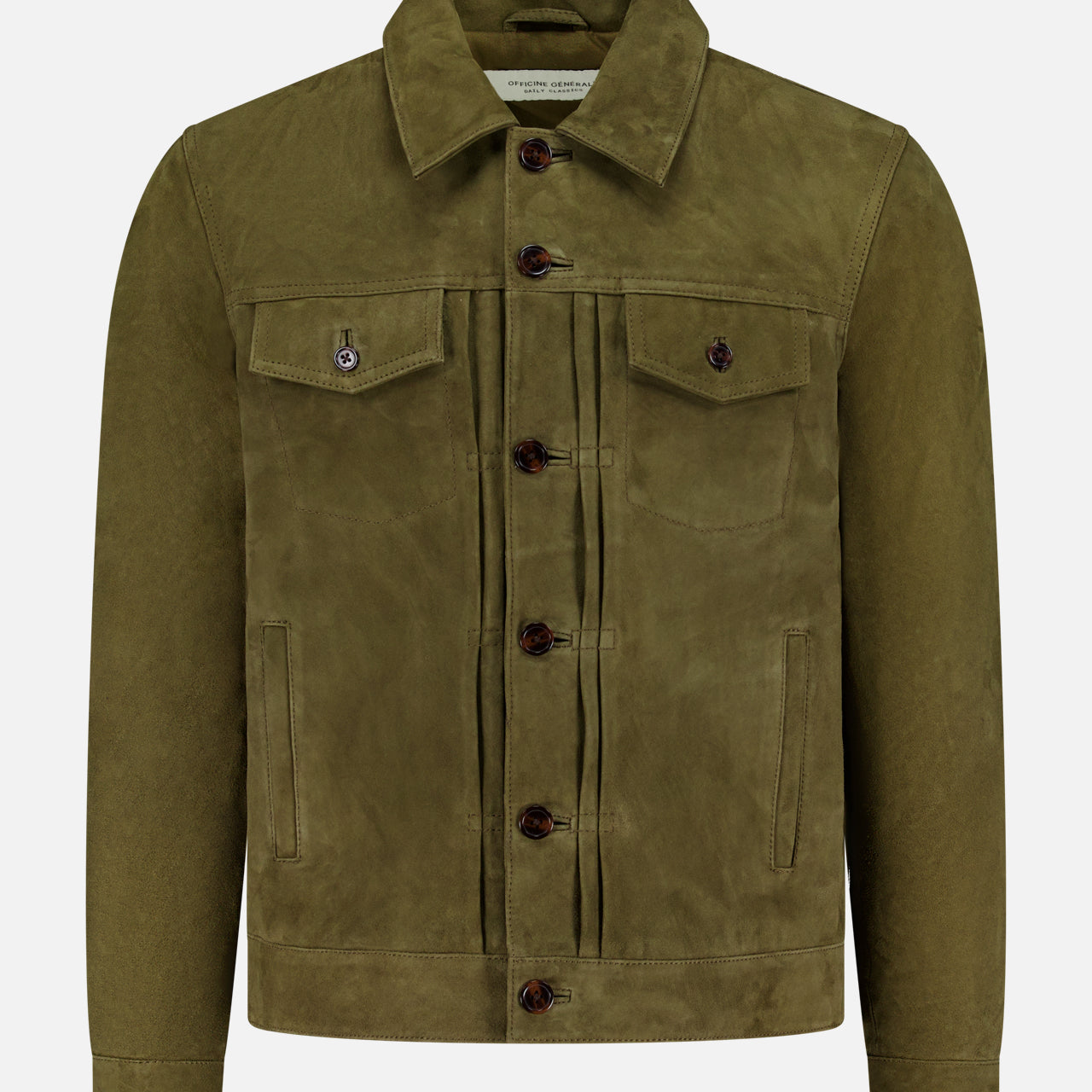 The Liam Goat Leather Suede Jacket by OFFICINE GÉNÉRALE features an olive green hue, collar, long sleeves, and two button-flap chest pockets, crafted from supple goat suede leather and shown on a plain white background.