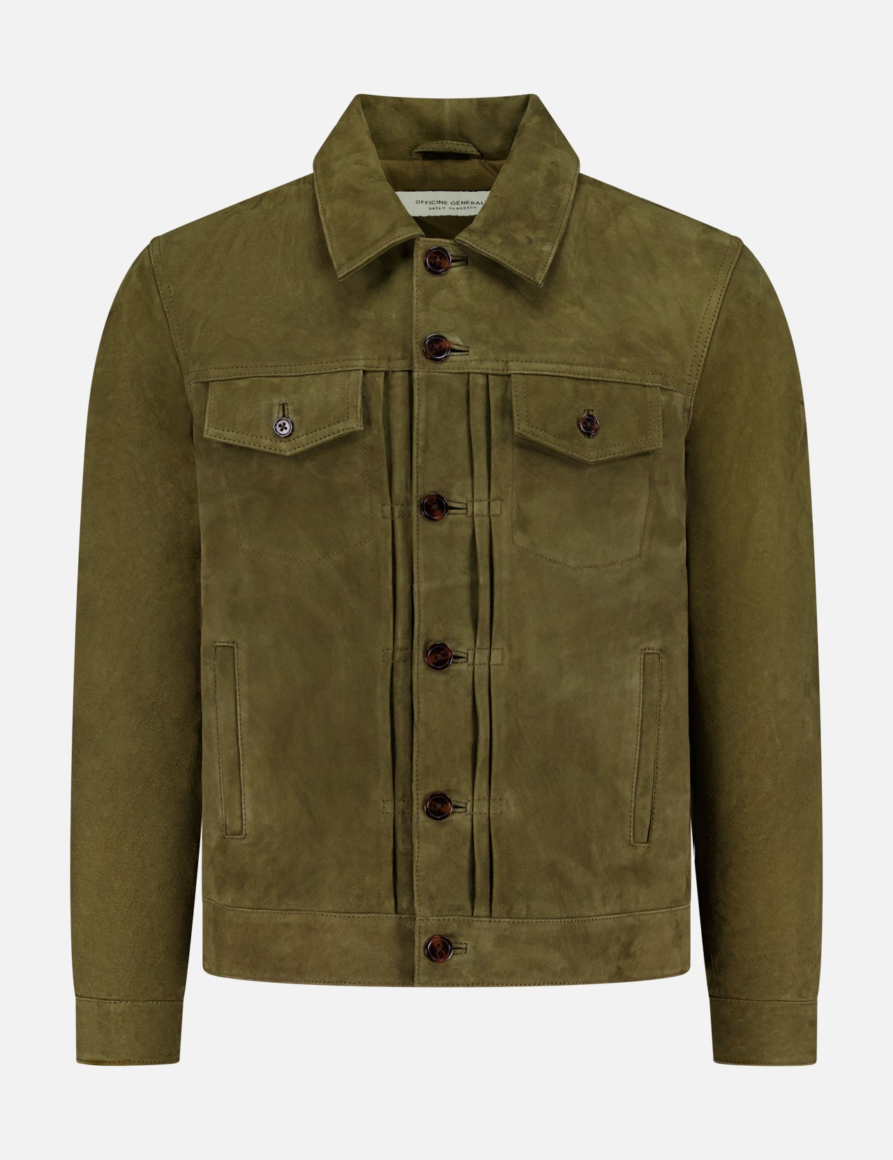 The Liam Goat Leather Suede Jacket by OFFICINE GÉNÉRALE features an olive green hue, collar, long sleeves, and two button-flap chest pockets, crafted from supple goat suede leather and shown on a plain white background.