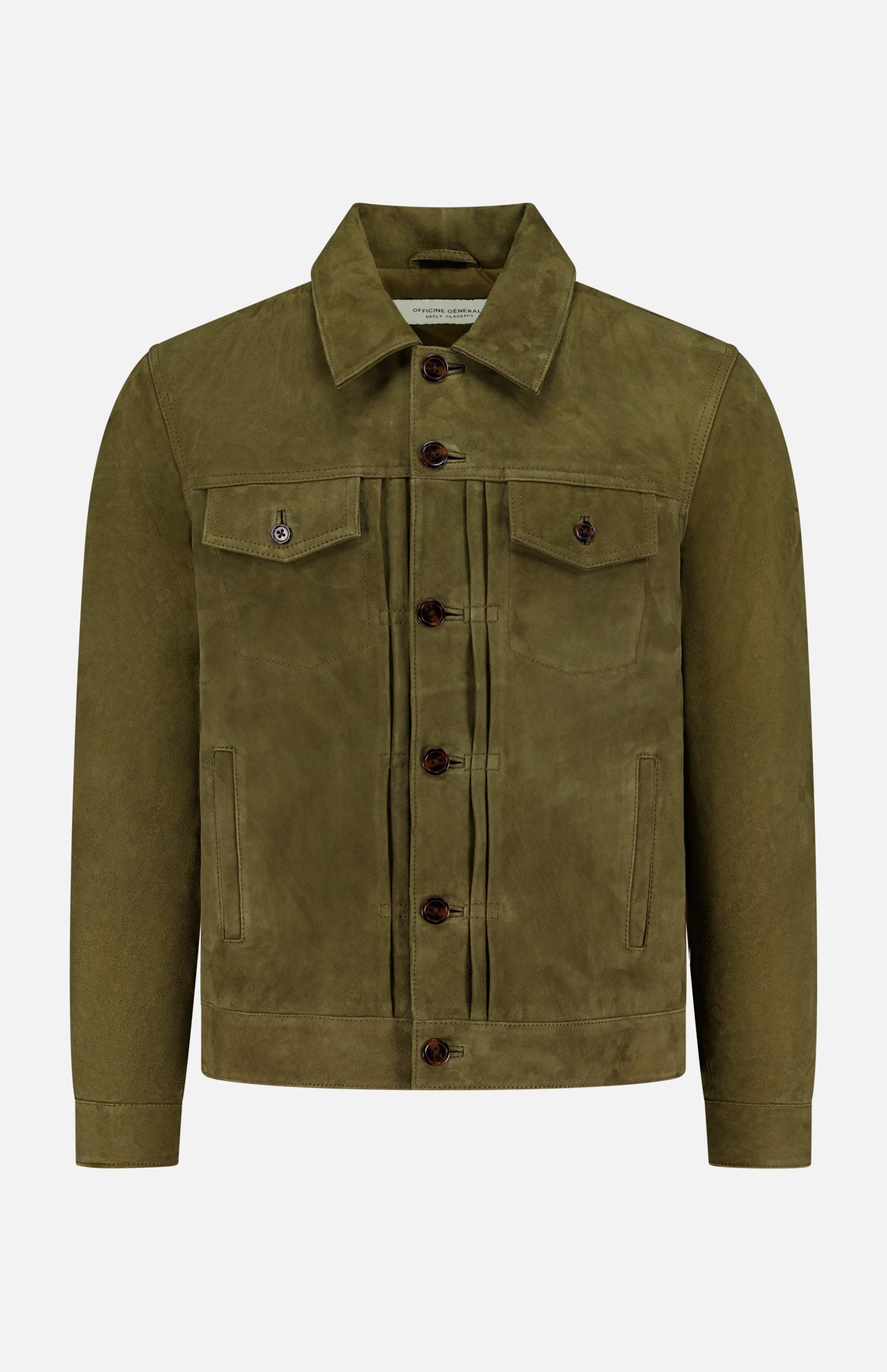 The Liam Goat Leather Suede Jacket by OFFICINE GÉNÉRALE features an olive green hue, collar, long sleeves, and two button-flap chest pockets, crafted from supple goat suede leather and shown on a plain white background.