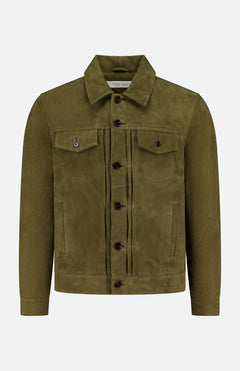 The Liam Goat Leather Suede Jacket by OFFICINE GÉNÉRALE features an olive green hue, collar, long sleeves, and two button-flap chest pockets, crafted from supple goat suede leather and shown on a plain white background.