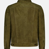 The Liam Goat Leather Suede Jacket by OFFICINE GÉNÉRALE features olive green suede goat leather, a pointed collar, long sleeves with buttoned cuffs, adjustable side tabs at the hem, and a clean, unembellished back view.