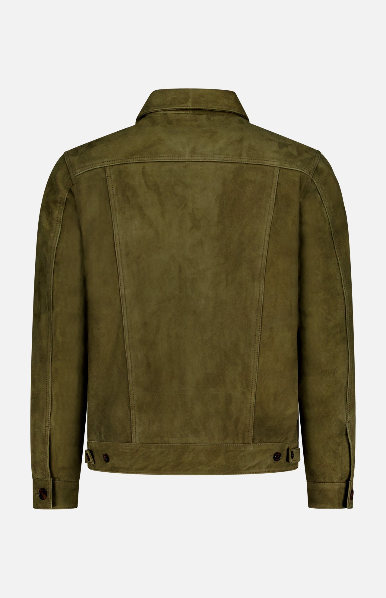 The Liam Goat Leather Suede Jacket by OFFICINE GÉNÉRALE features olive green suede goat leather, a pointed collar, long sleeves with buttoned cuffs, adjustable side tabs at the hem, and a clean, unembellished back view.