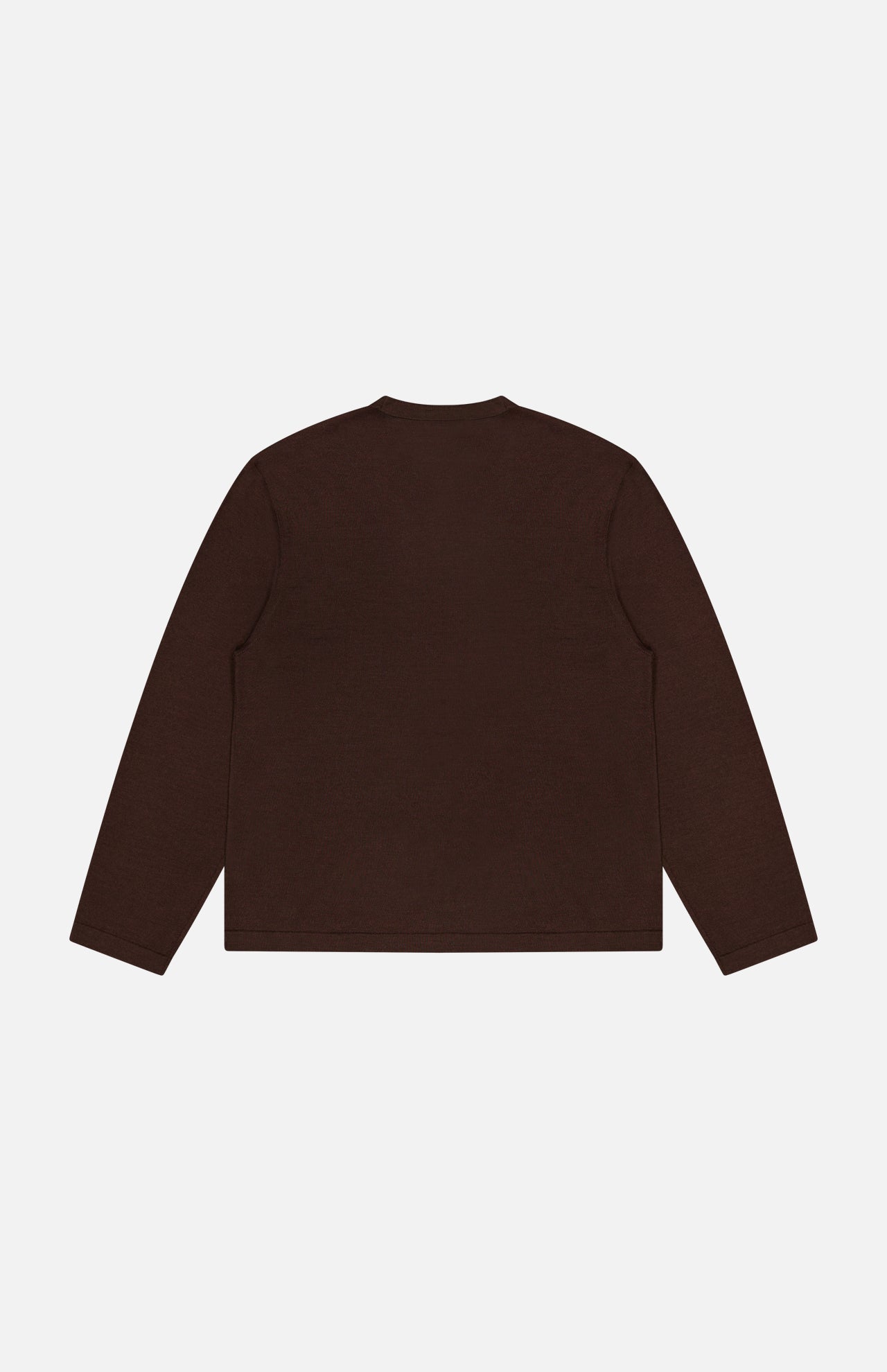 The OFFICINE GÉNÉRALE Liev Soft Wool Long Sleeve T-Shirt, featuring a coffee hue and classic crewneck design, is laid flat with the back facing up against a white background.