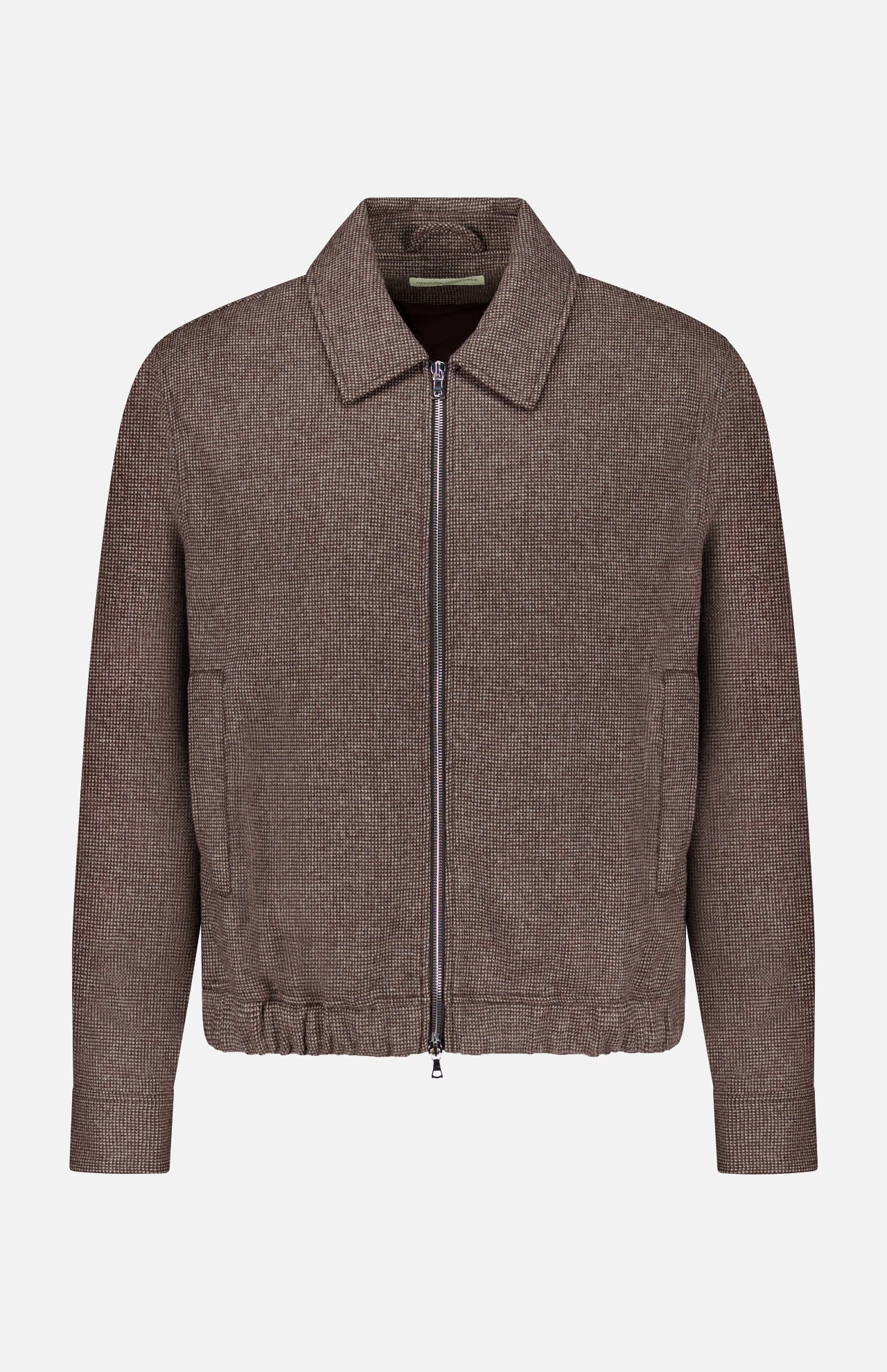 The Marlino 2-way Zip Wool Jacket by OFFICINE GÉNÉRALE features a classic fit in brown with a collar, front two-way zipper, long sleeves, and two front pockets, displayed against a plain white background.
