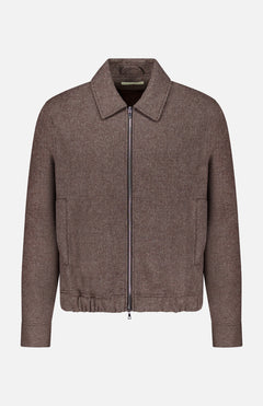 The Marlino 2-way Zip Wool Jacket by OFFICINE GÉNÉRALE features a classic fit in brown with a collar, front two-way zipper, long sleeves, and two front pockets, displayed against a plain white background.