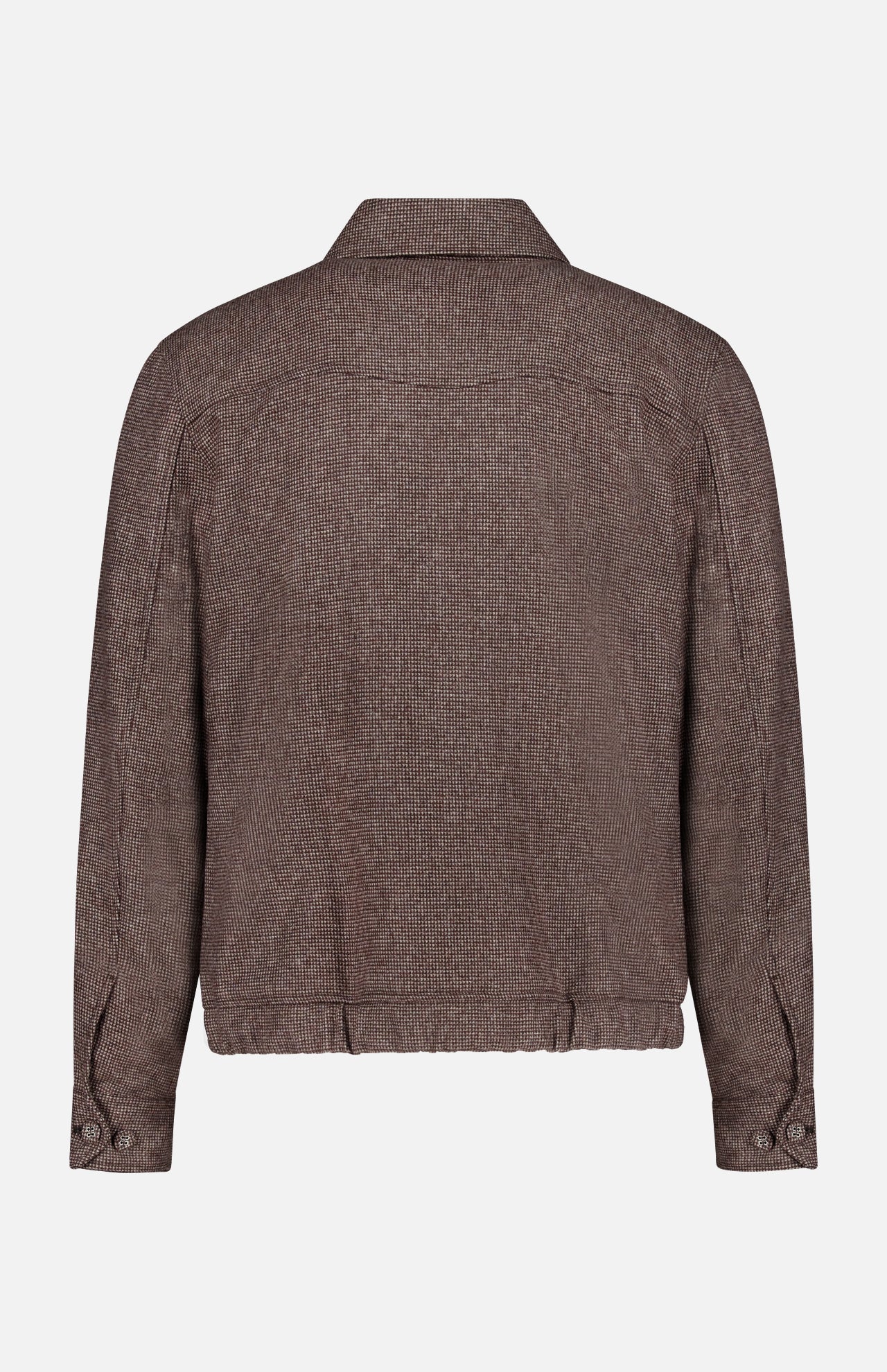 Back view of the Marlino 2-way Zip Wool Jacket by OFFICINE GÉNÉRALE in brown wool, showcasing long sleeves, a collar, and buttoned cuffs against a plain white background. This jacket features a houndstooth pattern with a relaxed fit and straight hem for timeless appeal.