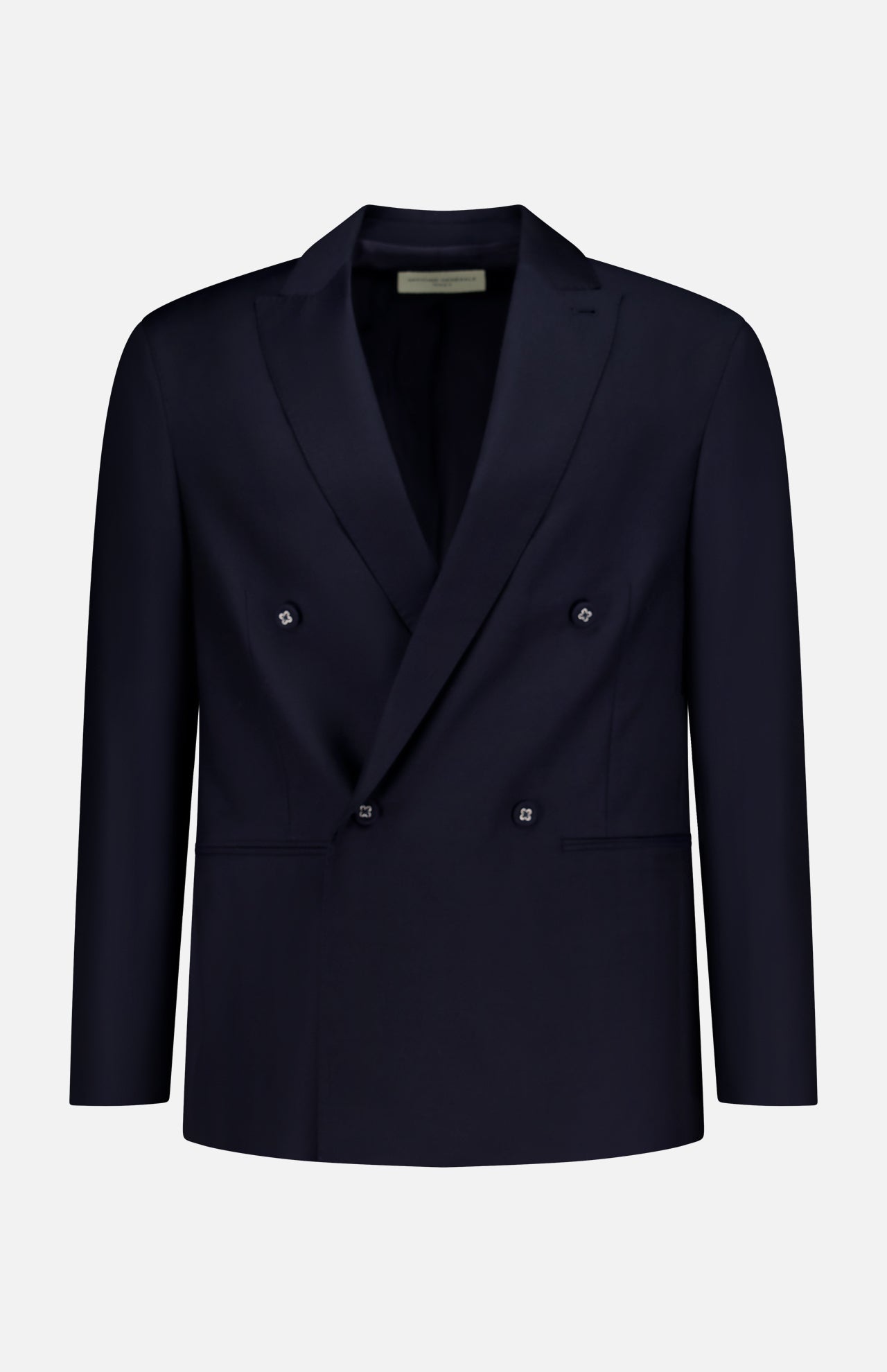 The OFFICINE GÉNÉRALE Merrick Twill Double Breasted Jacket is expertly tailored from virgin wool in a dark navy hue, featuring peak lapels, four front buttons, and two front pockets. It is showcased against a plain white background.