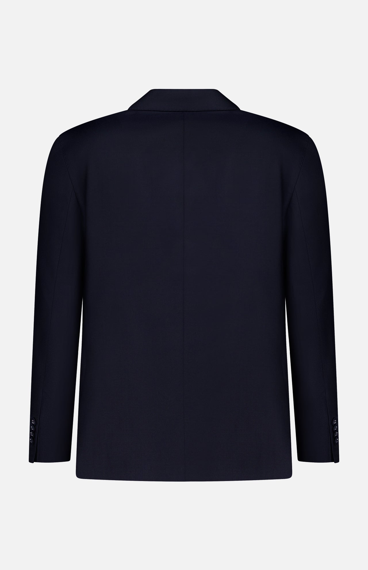 The OFFICINE GÉNÉRALE Merrick Twill Double Breasted Jacket is shown from the back in a plain, dark navy color, featuring long sleeves and a central seam with no visible buttons or other details.