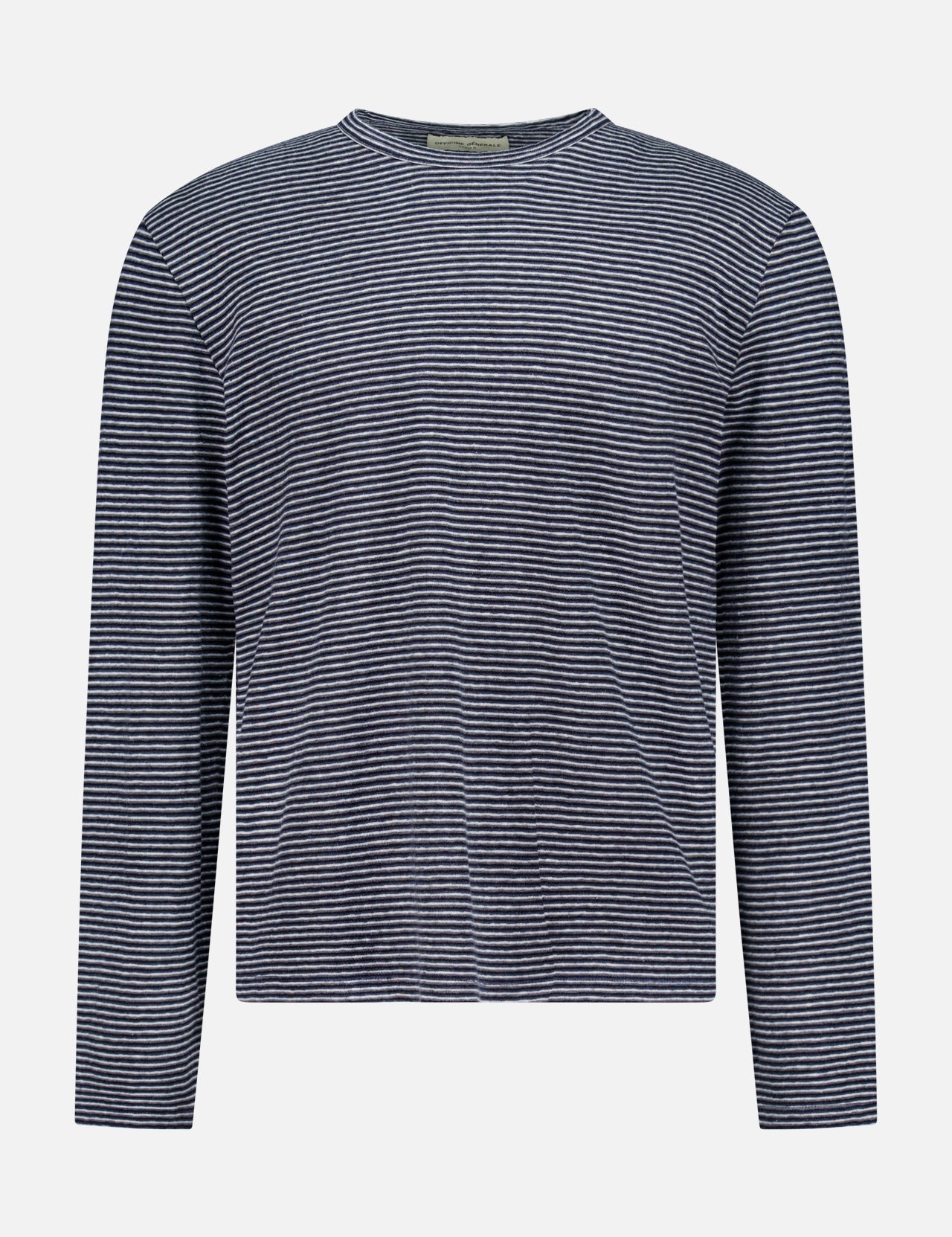 The OFFICINE GÉNÉRALE Multico Long Sleeve Stripe T-shirt, featuring thin horizontal black and white stripes, a crew neckline, and a straight hem, is displayed on a plain white background.