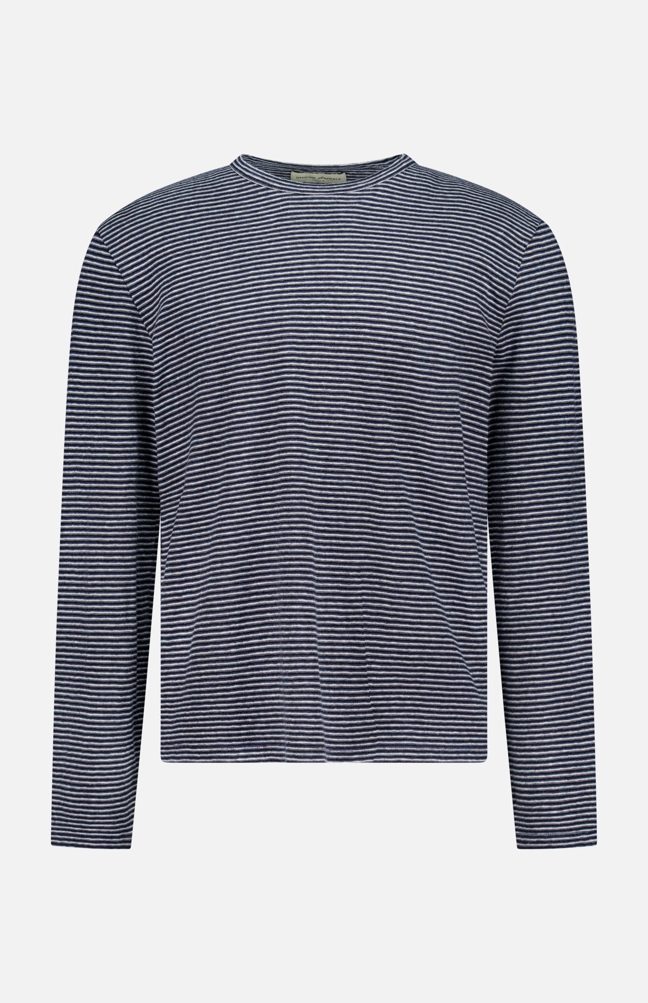 The OFFICINE GÉNÉRALE Multico Long Sleeve Stripe T-shirt, featuring thin horizontal black and white stripes, a crew neckline, and a straight hem, is displayed on a plain white background.