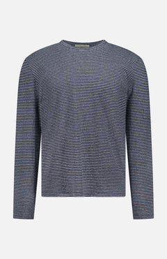 The OFFICINE GÉNÉRALE Multico Long Sleeve Stripe T-shirt, featuring thin horizontal black and white stripes, a crew neckline, and a straight hem, is displayed on a plain white background.