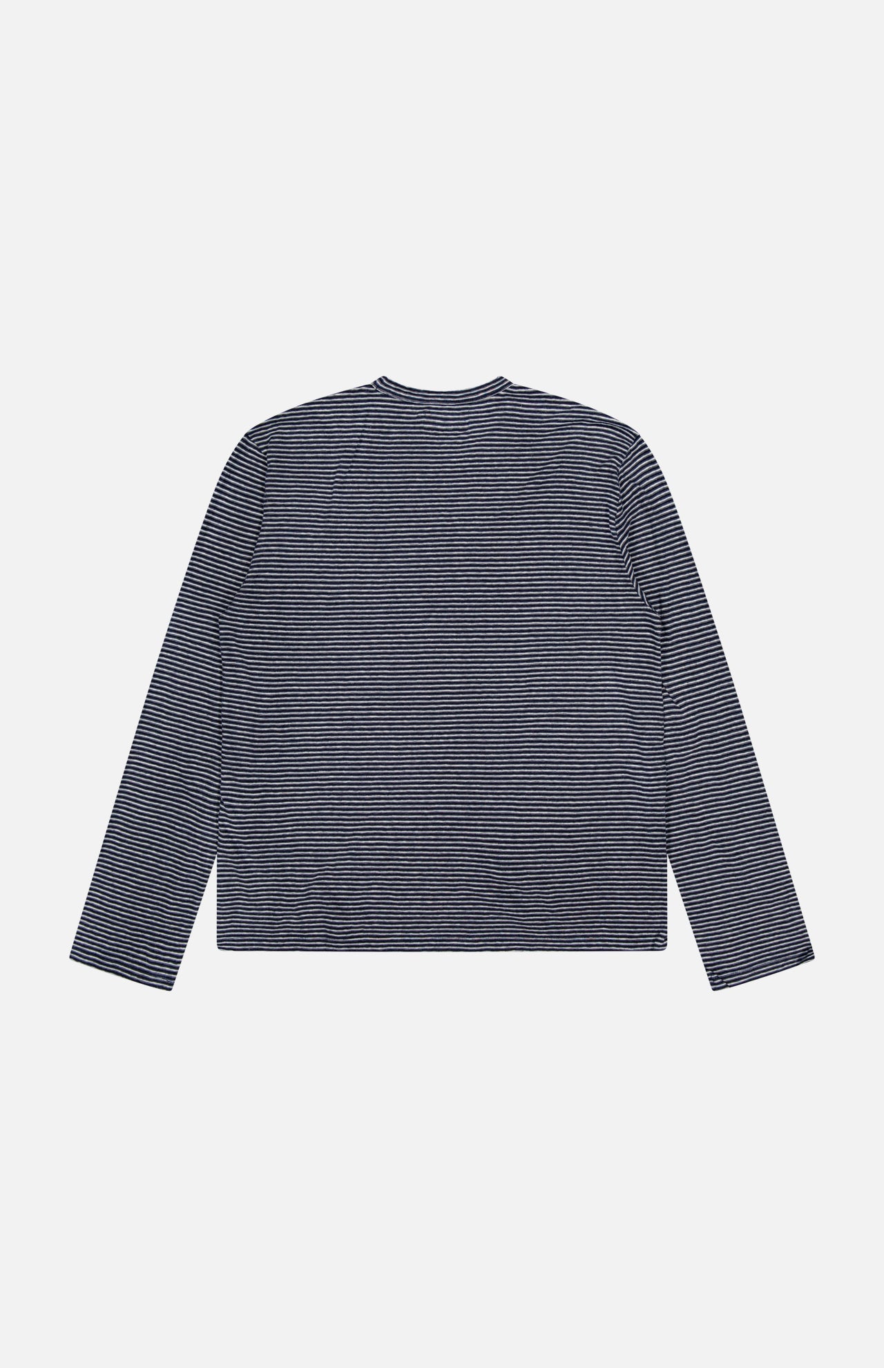 The OFFICINE GÉNÉRALE Multico Long Sleeve Stripe T-shirt, displayed from the back against a plain white background, features thin black and white horizontal stripes and offers a Parisian-inspired fit for effortless style.
