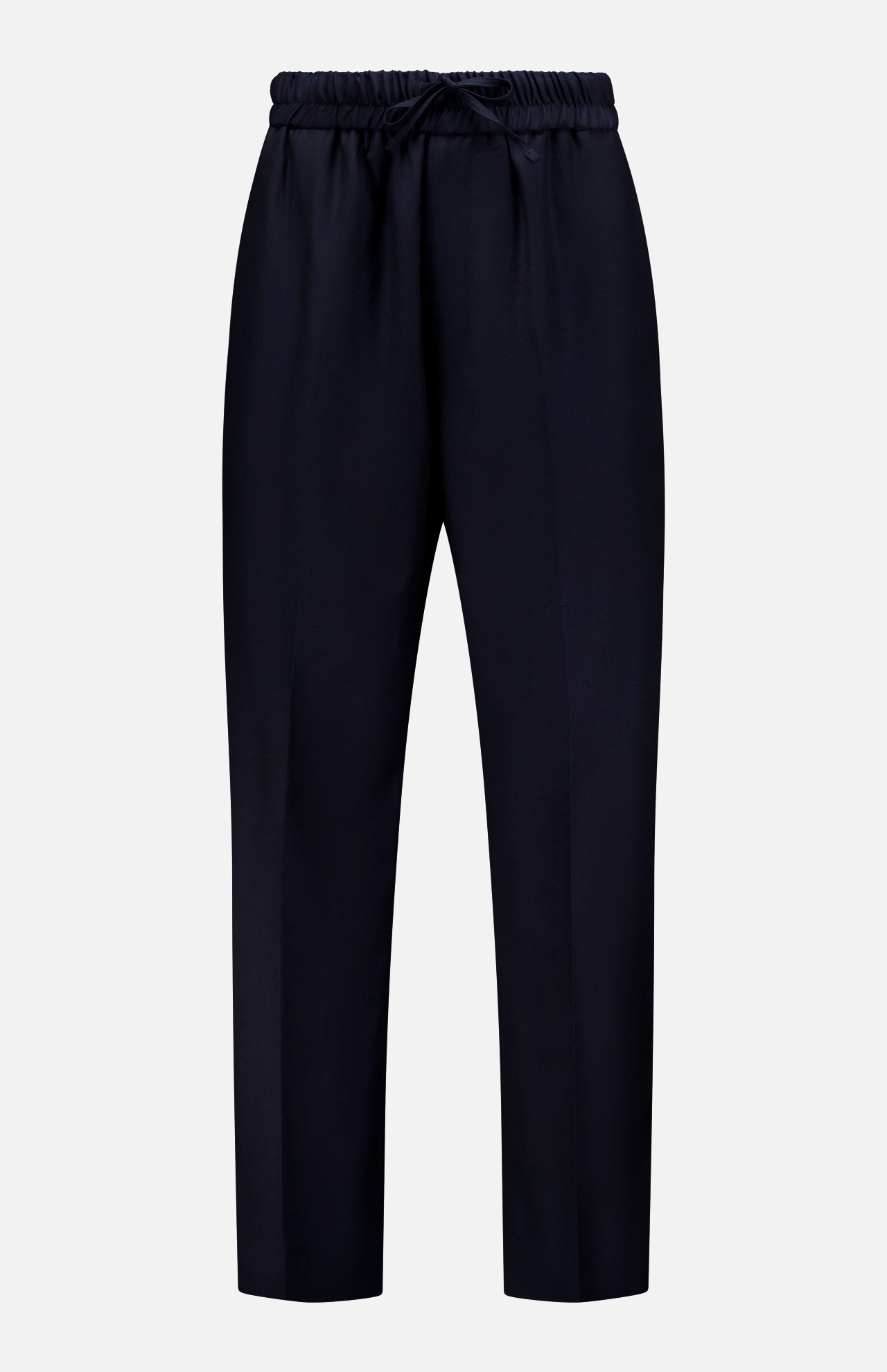 The Nelson Twill Trouser Pants by OFFICINE GÉNÉRALE feature a minimal, tailored design with straight legs, an elastic waistband, and a drawstring closure. Crafted from virgin wool, these black pants are displayed against a plain white background.