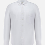 The OFFICINE CREATIVE New Oxford Button Down Shirt is crafted from 100% cotton and features long sleeves, a button-up front with a collar, and a single chest pocket, displayed on a white background.