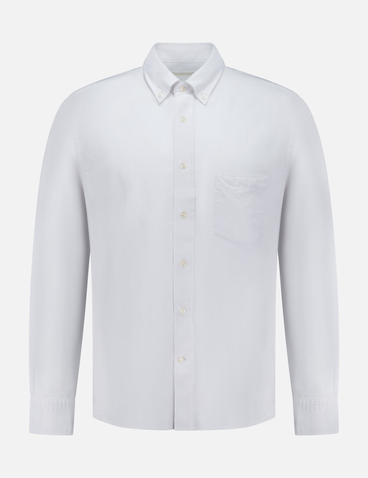The OFFICINE CREATIVE New Oxford Button Down Shirt is crafted from 100% cotton and features long sleeves, a button-up front with a collar, and a single chest pocket, displayed on a white background.