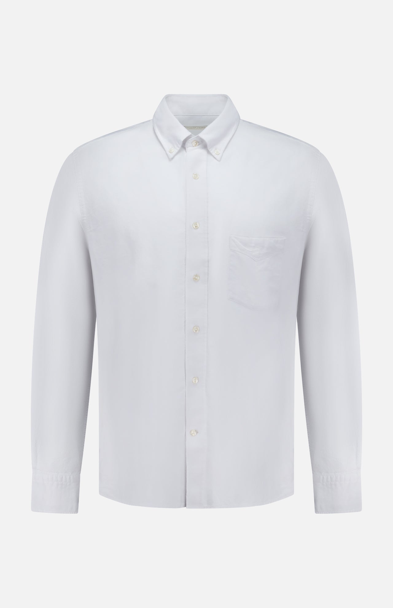 The OFFICINE CREATIVE New Oxford Button Down Shirt is crafted from 100% cotton and features long sleeves, a button-up front with a collar, and a single chest pocket, displayed on a white background.