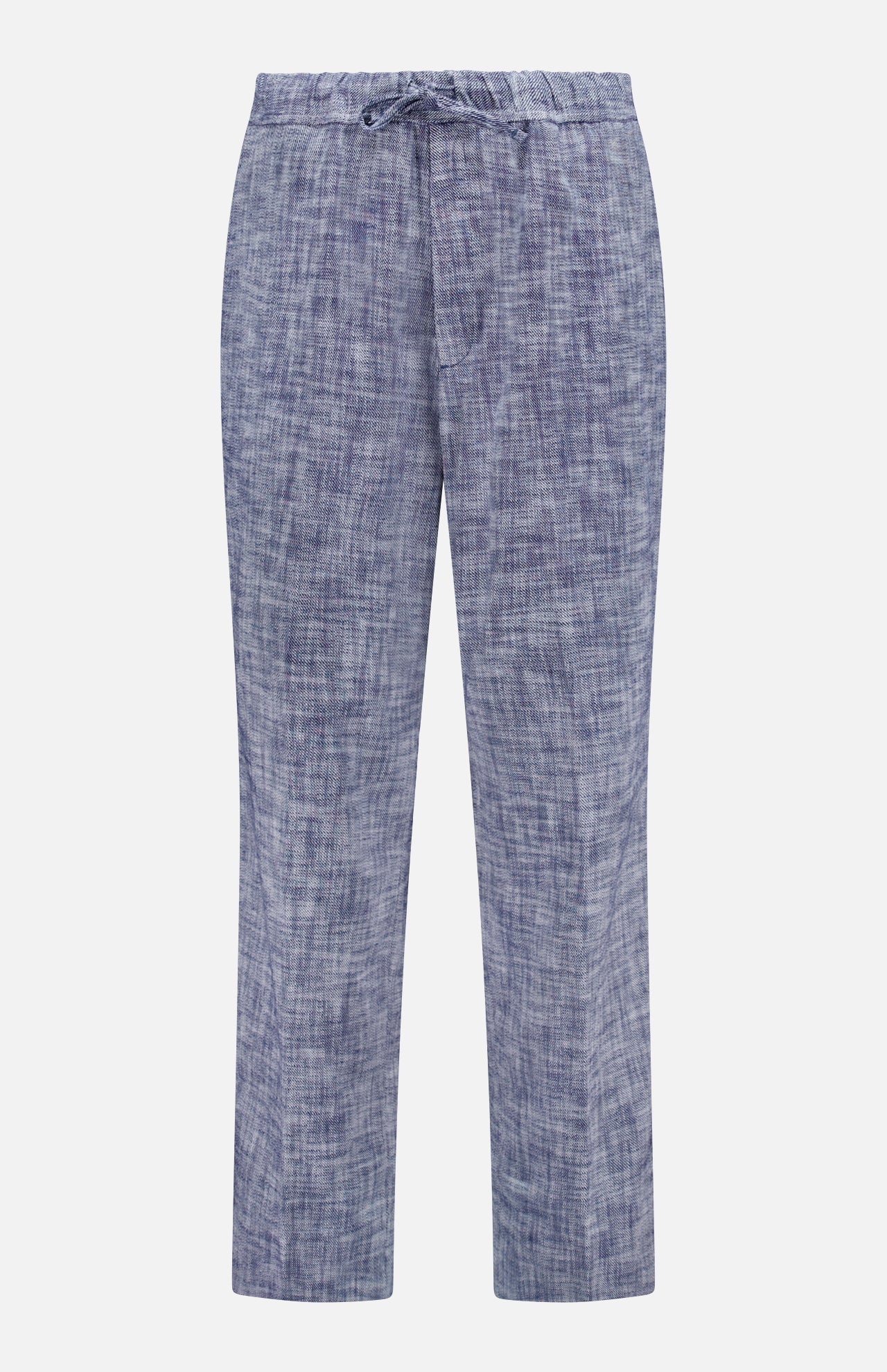 The Nilson Light Slub Trouser Pant by OFFICINE GÉNÉRALE features a light blue crosshatch texture, wide straight legs, and a relaxed fit with elastic waistband and drawstring, shown against a white background.