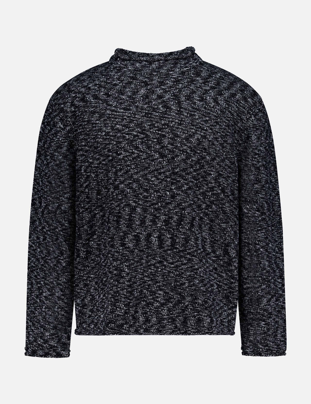 The OFFICINE GÉNÉRALE Riley Mockneck Sweater is a long-sleeved, dark gray and black marled knit sweater featuring a high neckline and relaxed fit, channeling a Parisian-inspired style and shown against a plain white background.