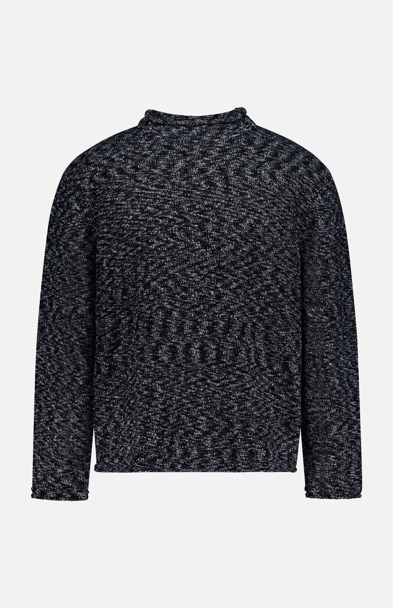 The OFFICINE GÉNÉRALE Riley Mockneck Sweater is a long-sleeved, dark gray and black marled knit sweater featuring a high neckline and relaxed fit, channeling a Parisian-inspired style and shown against a plain white background.