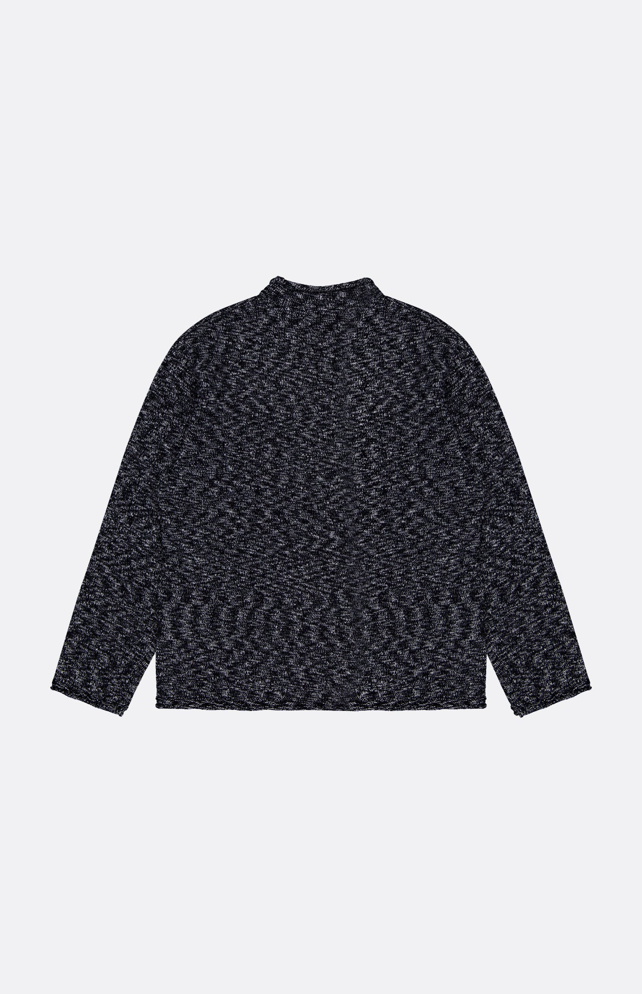 The OFFICINE GÉNÉRALE Riley Mockneck Sweater is a dark gray, long-sleeve knit top featuring a high neckline, displayed flat on a plain white background to showcase the back. Its relaxed fit jumper silhouette blends Parisian-inspired sophistication with cozy comfort.