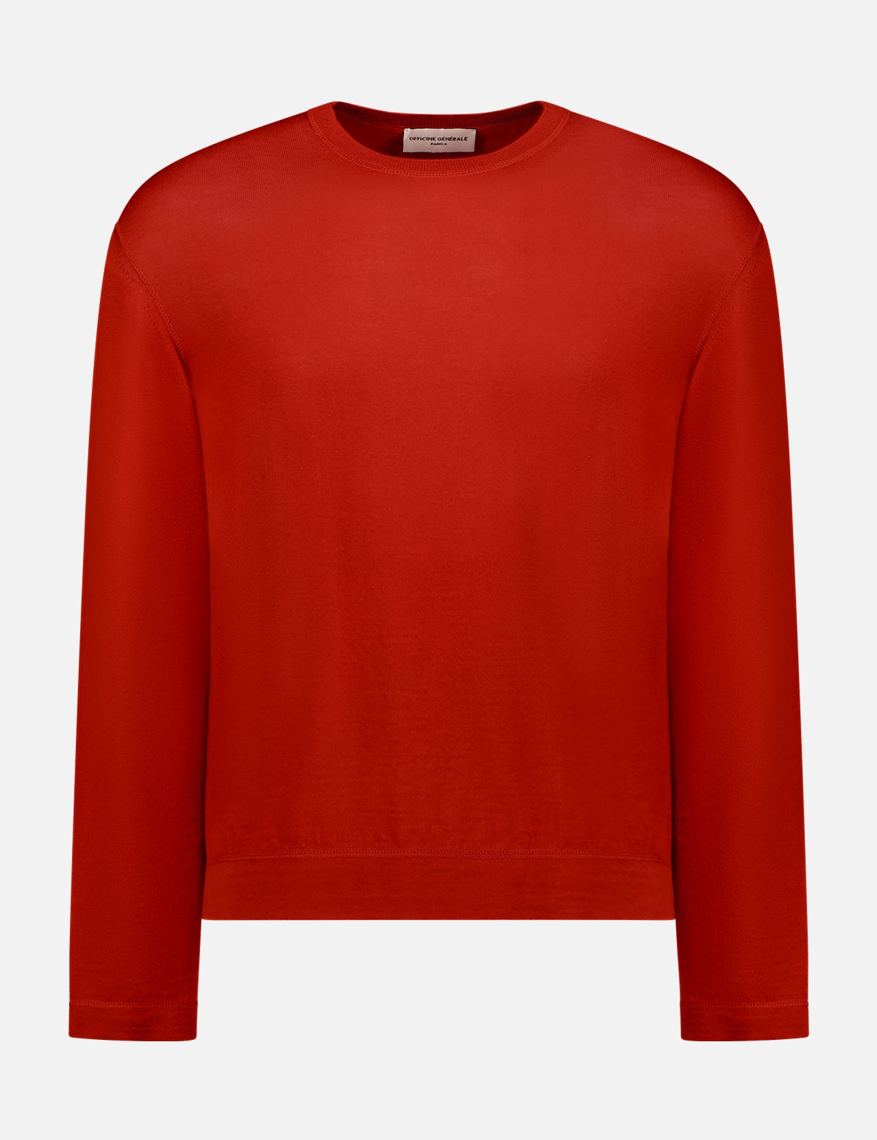 The OFFICINE GÉNÉRALE Nemo Italian Merino Wool Sweater is a luxury long-sleeved dark red crew neck knit, crafted from Italian wool and shown against a white background.