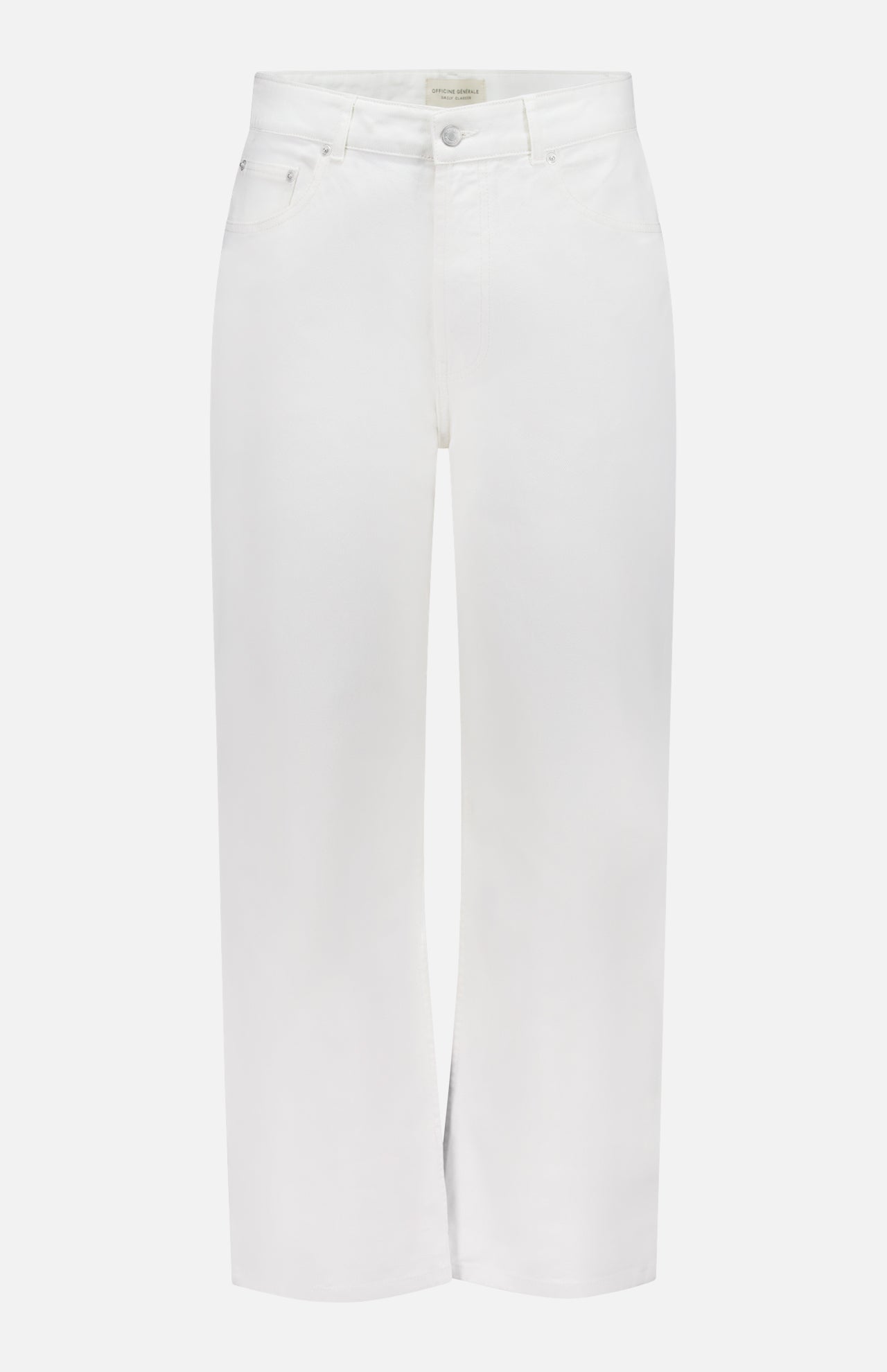 OFFICINE GÉNÉRALE Vintage Original Wash Denim Pants in off-white feature a straight-leg, high-waisted silhouette with a 5-pocket design and button fly, shown on a plain white background.