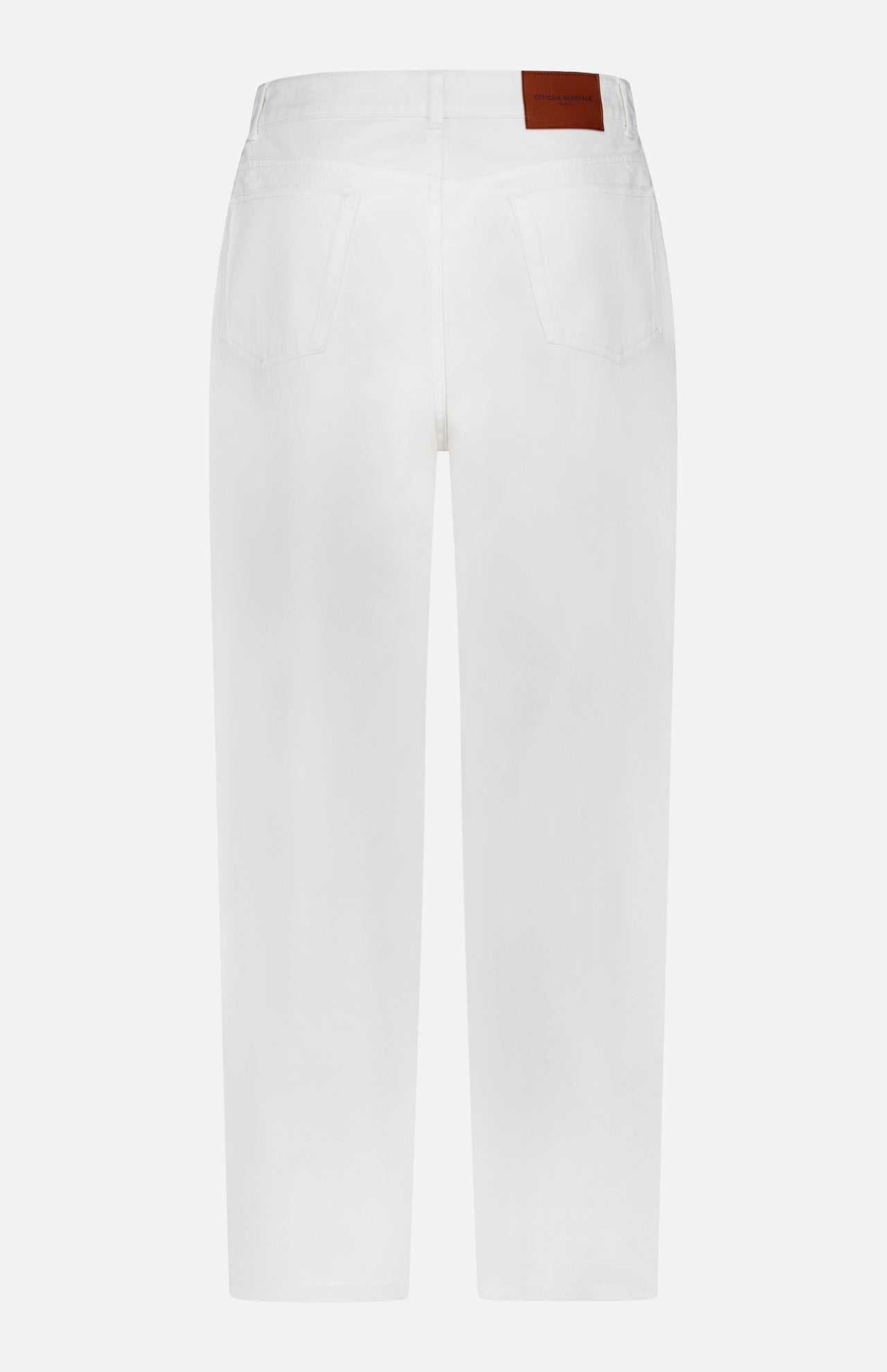 Back view of OFFICINE GÉNÉRALE Vintage Original Wash Denim Pants, featuring vintage wash denim, two back pockets, brown leather waistband patch, and classic 5-pocket design.