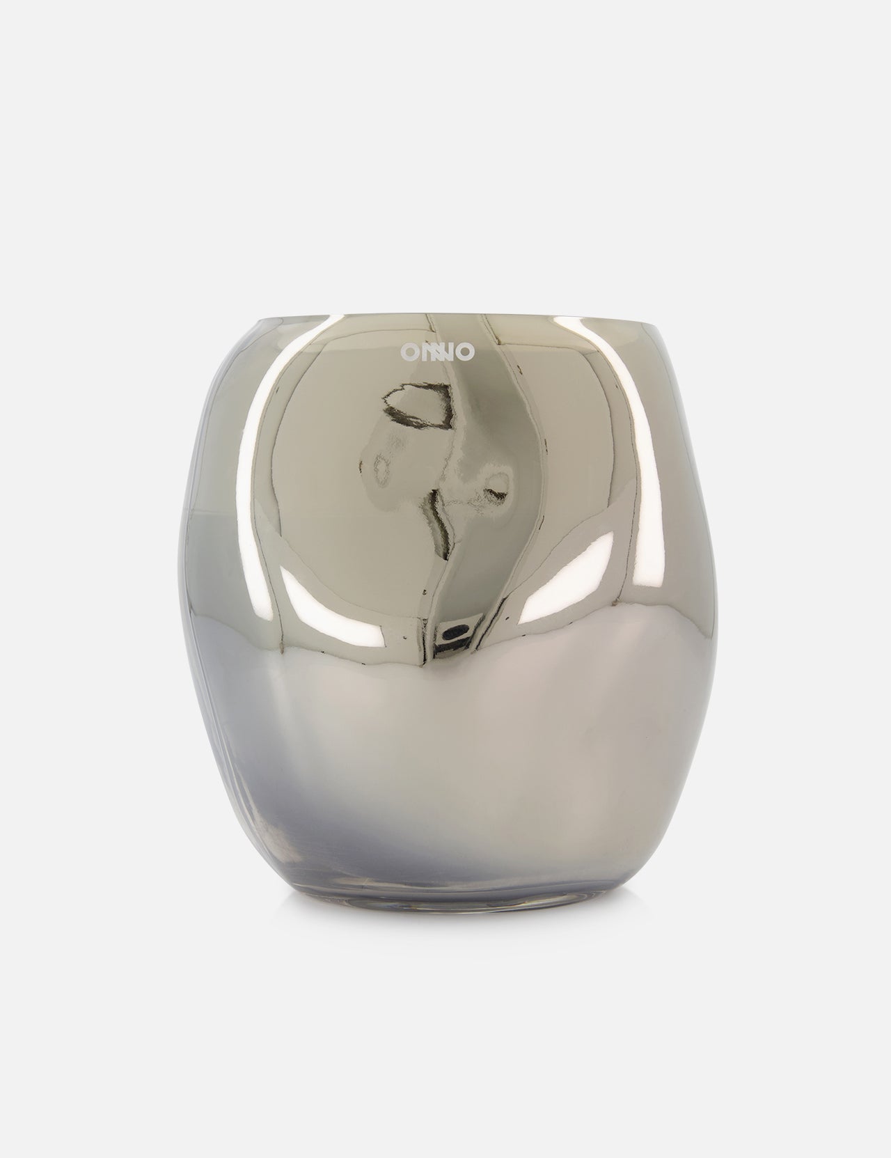 The ONNO Cape Smoked Grey L Sage vase features a reflective, smoky grey glass in a rounded shape with a discreet logo near the rim, reminiscent of elegant luxury candle vessels, set against a white background.