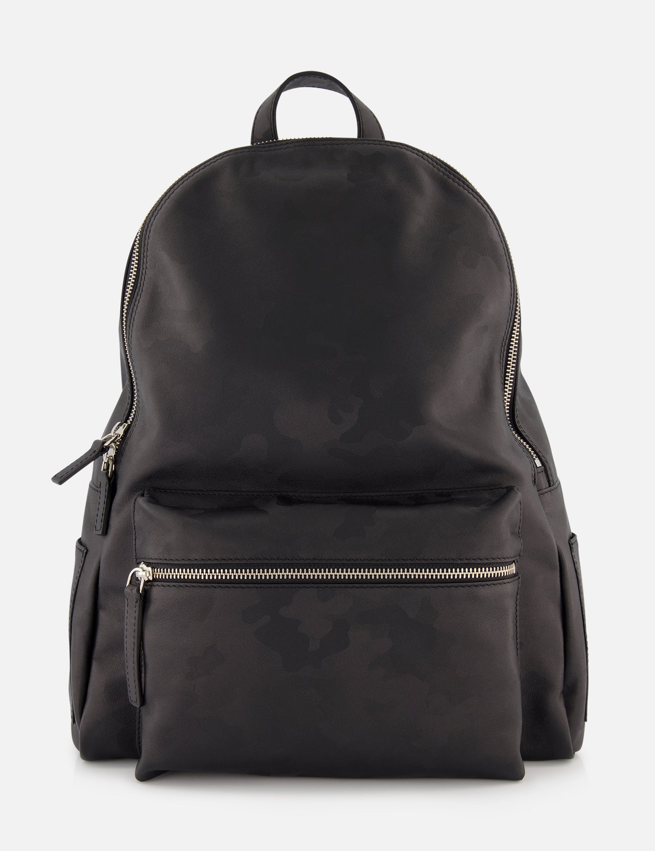 The ORCIANI Camo Backpack is a black designer bag with a subtle camo pattern, large main compartment, front zippered pocket, and two side pockets, shown against a plain white background.