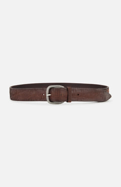 The ORCIANI Carved Buckle Belt is a dark brown genuine leather belt made in Italy, featuring a silver, ornately detailed buckle and shown flat on a white background.