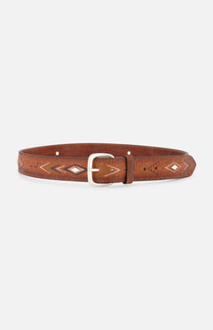 The ORCIANI Diamond Embroidered Belt is a dark brown Italian leather accessory, featuring diamond-shaped engravings and a silver rectangular buckle.