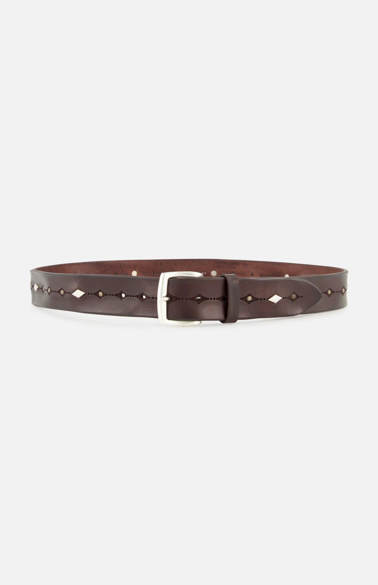The ORCIANI Bull Soft Beaded Belt features brown leather, a silver rectangular buckle, and subtle diamond-shaped metal accents along its length, elegantly finished with refined beaded hardware.