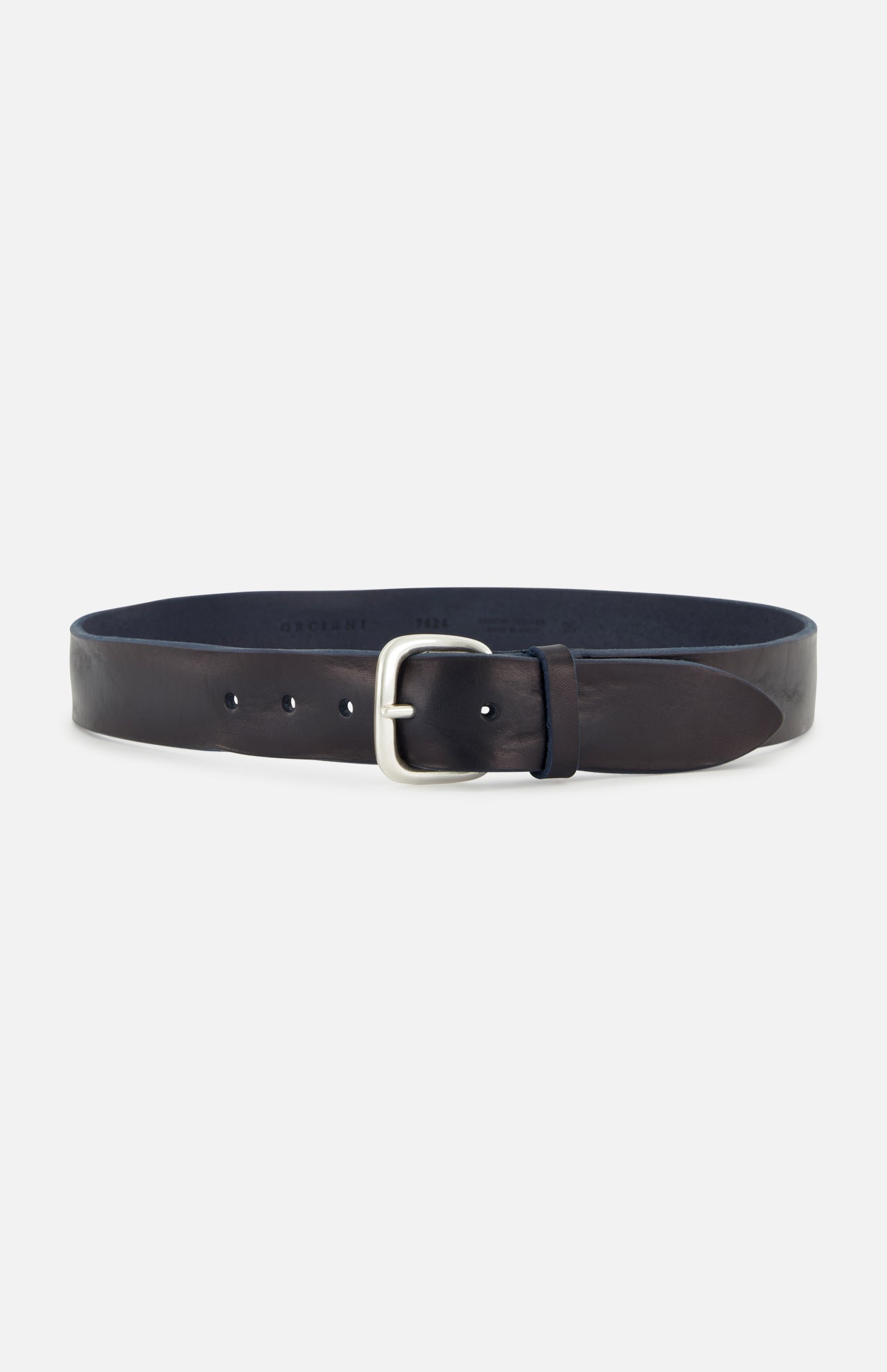 The Bull Soft Core Belt by ORCIANI is a dark brown genuine leather belt with a silver buckle, made in Italy. It features several holes for adjustment and a smooth, polished finish, shown flat on a light background.