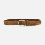 The ORCIANI Camel Braided Suede Belt features a silver buckle and is made in Italy, shown against a plain white background.