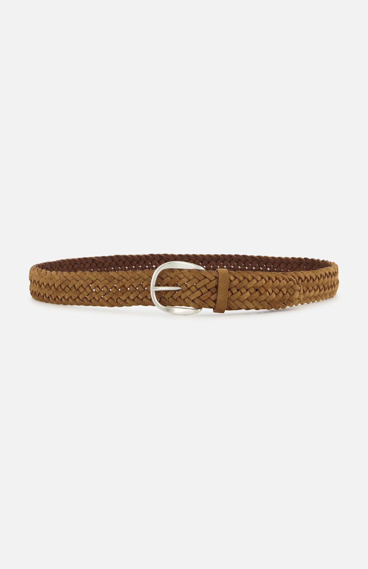 The ORCIANI Camel Braided Suede Belt features a silver buckle and is made in Italy, shown against a plain white background.