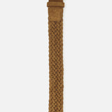 The ORCIANI Camel Braided Suede Belt, crafted in Italy with a silver buckle, is displayed vertically on a white background.