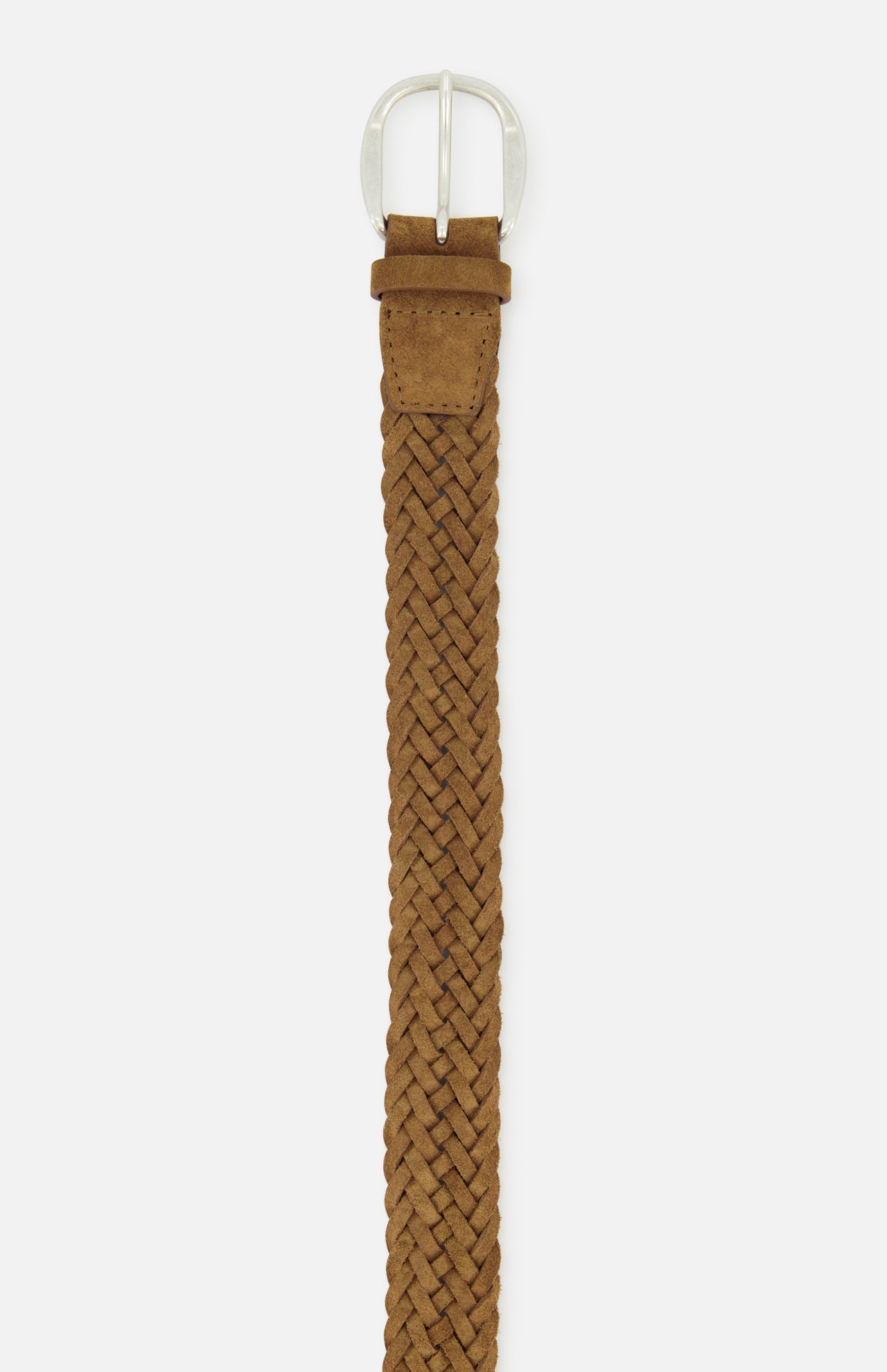 The ORCIANI Camel Braided Suede Belt, crafted in Italy with a silver buckle, is displayed vertically on a white background.