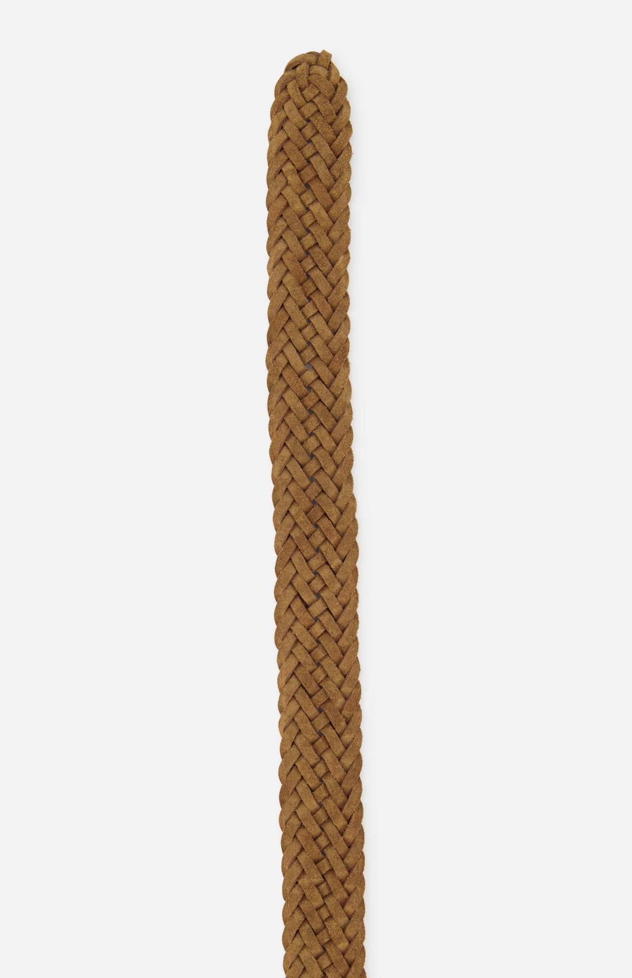 A close-up of the ORCIANI Camel Braided Suede Belt with a silver buckle, displayed vertically against a white background.