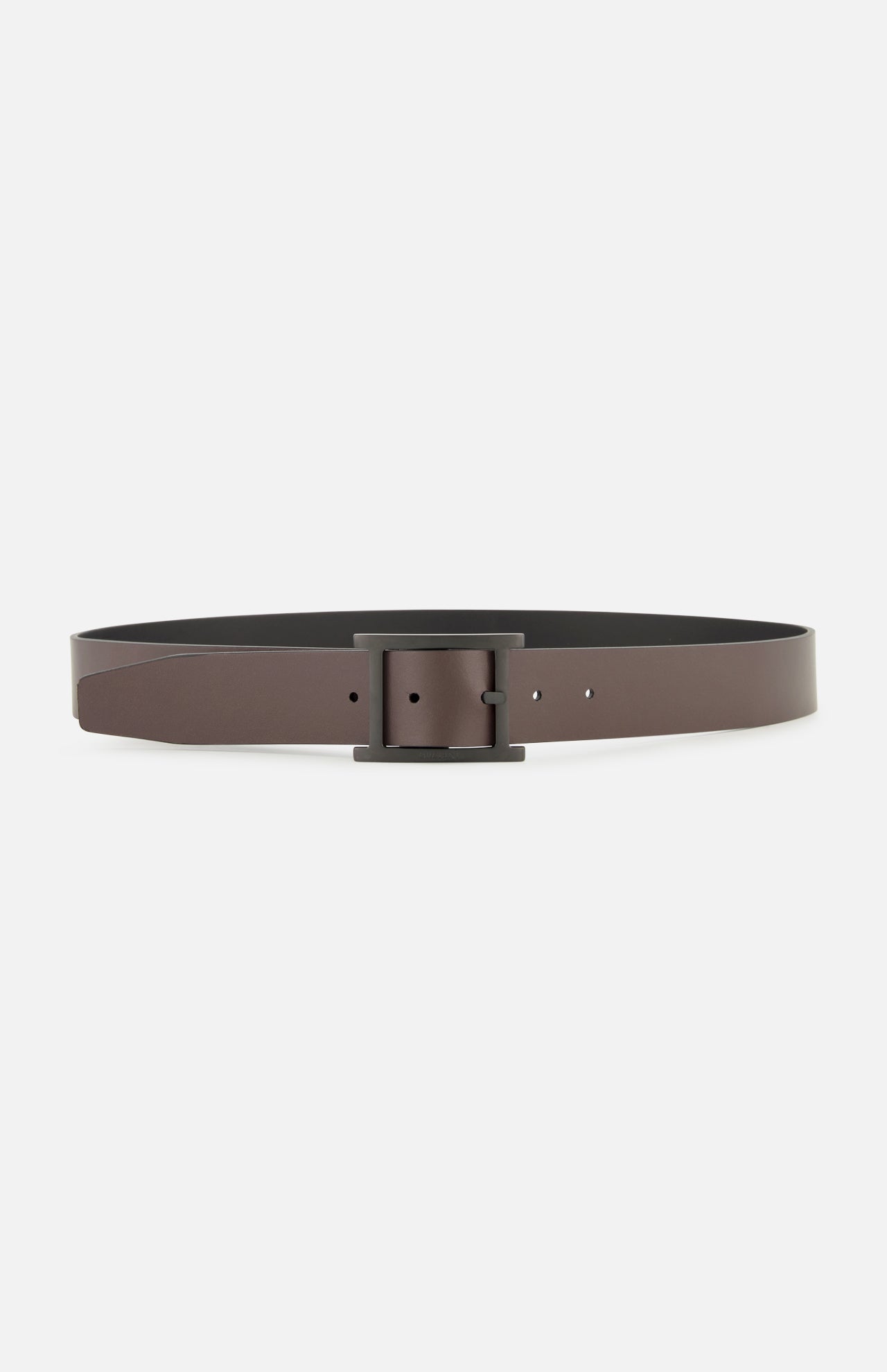The Monaco Double Reversible Belt by ORCIANI, crafted in Italy, features brown leather and a matte black square buckle, displayed against a plain white background.