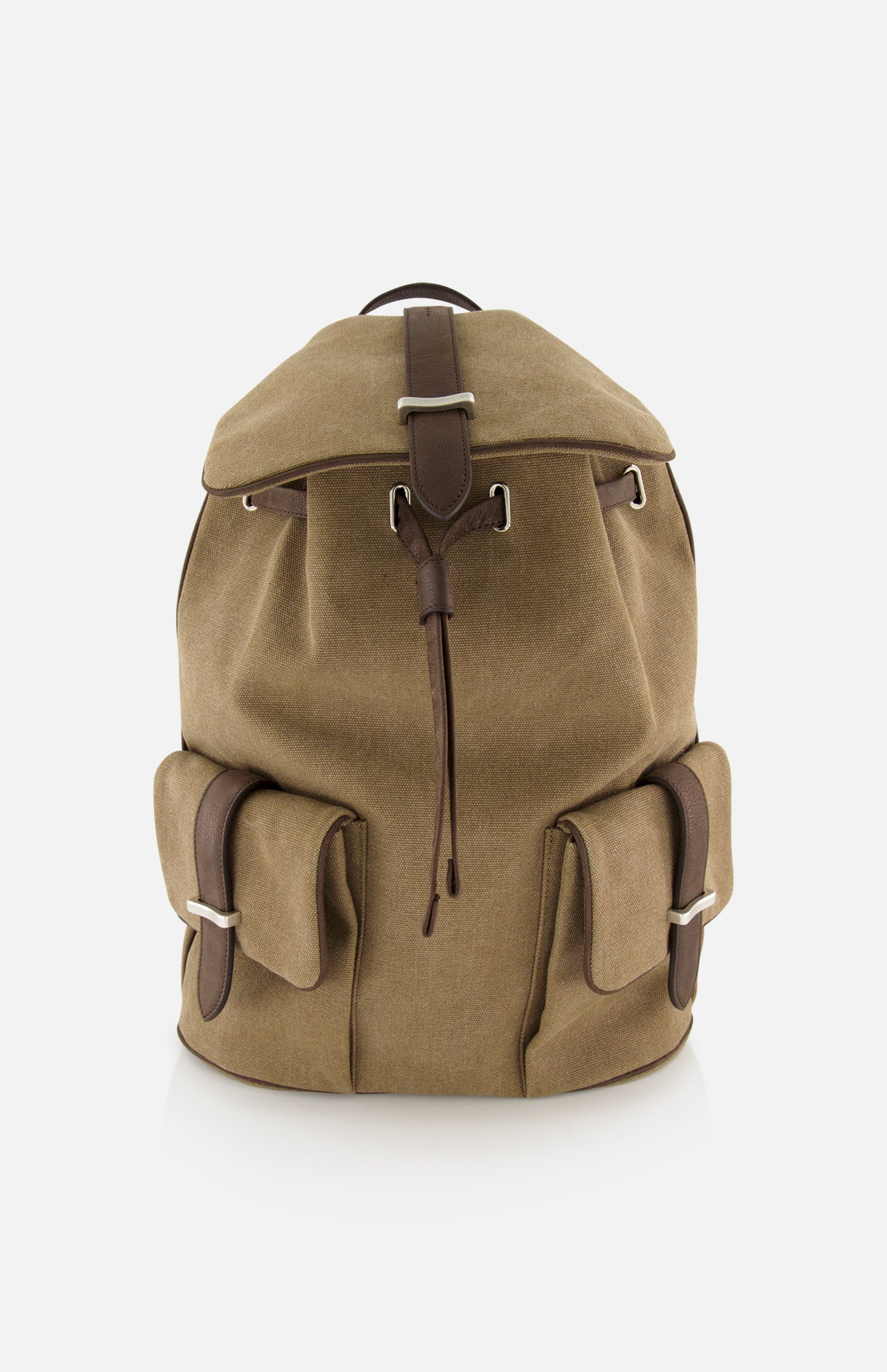 The ORCIANI Safari Leather Trim Backpack, featuring a tan canvas body, brown leather straps, drawstring closure, and two front pockets, is shown against a white background.