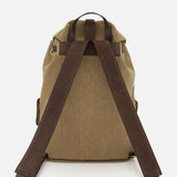 The ORCIANI Safari Leather Trim Backpack, featuring brown canvas and dark brown leather straps with a top handle, is displayed from the back against a plain white background.